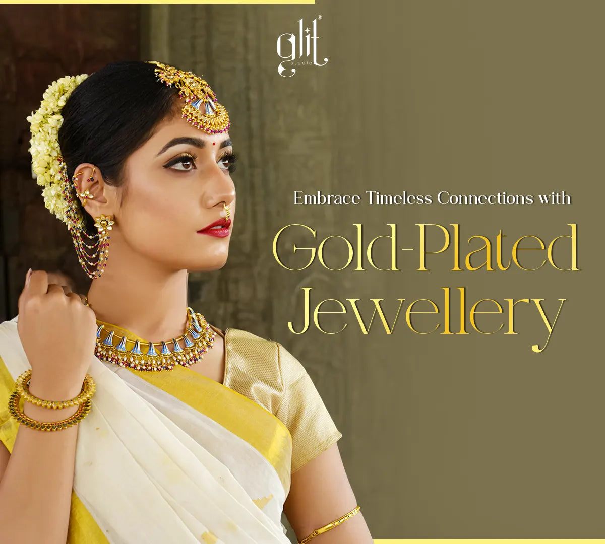 A woman wearing gold plated jewellery