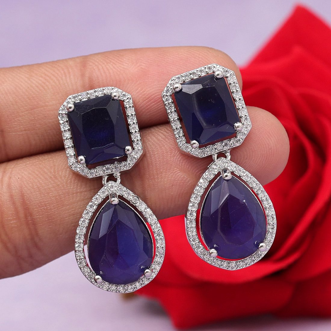 Navy Blue Color American Diamond Earrings Jewellery GetGlit
