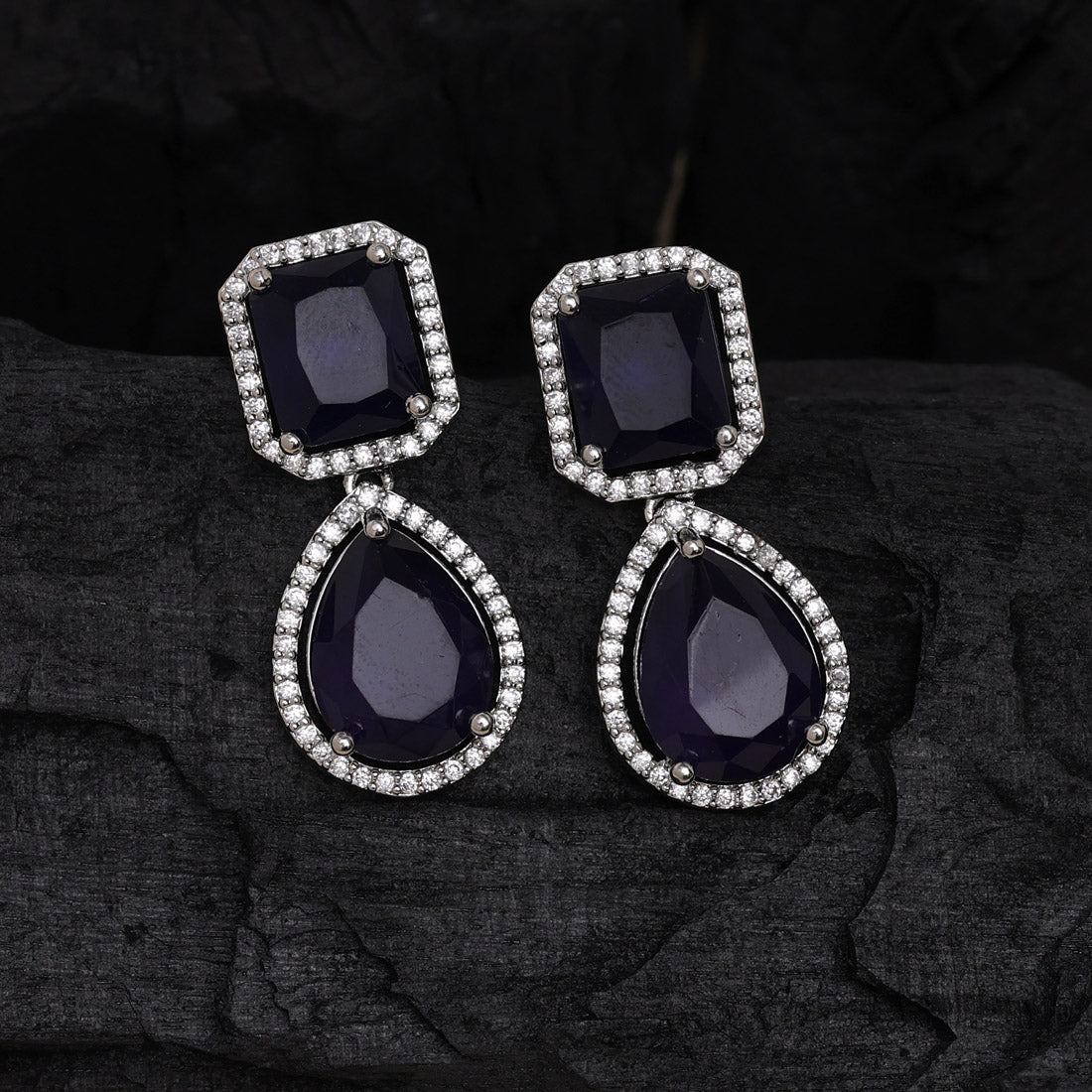 Navy Blue Color American Diamond Earrings Jewellery GetGlit