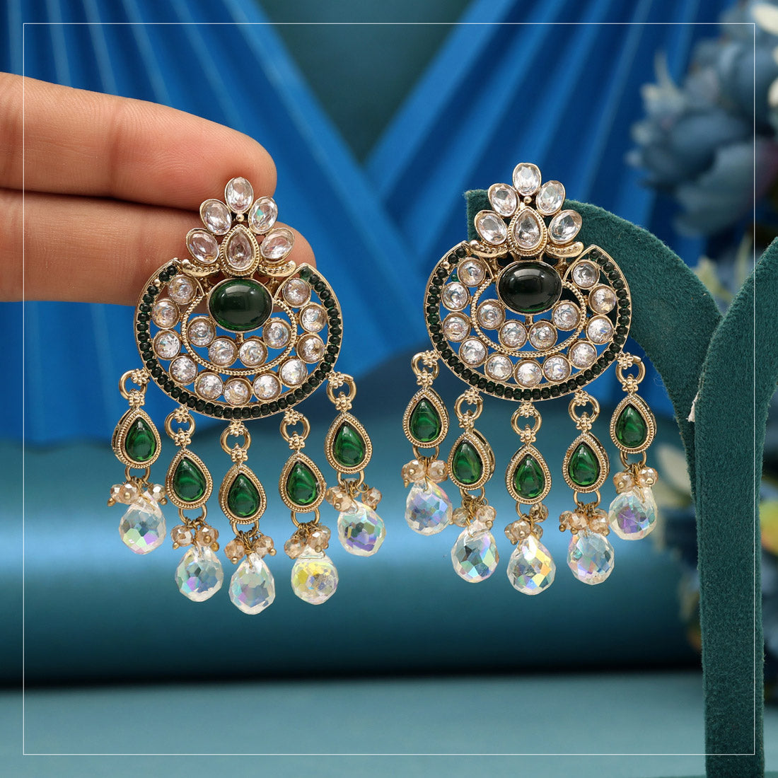Green Color American Diamond Earrings Jewellery GetGlit