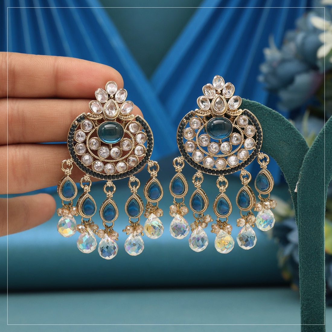 Turquoise Blue Color American Diamond Earrings Jewellery GetGlit