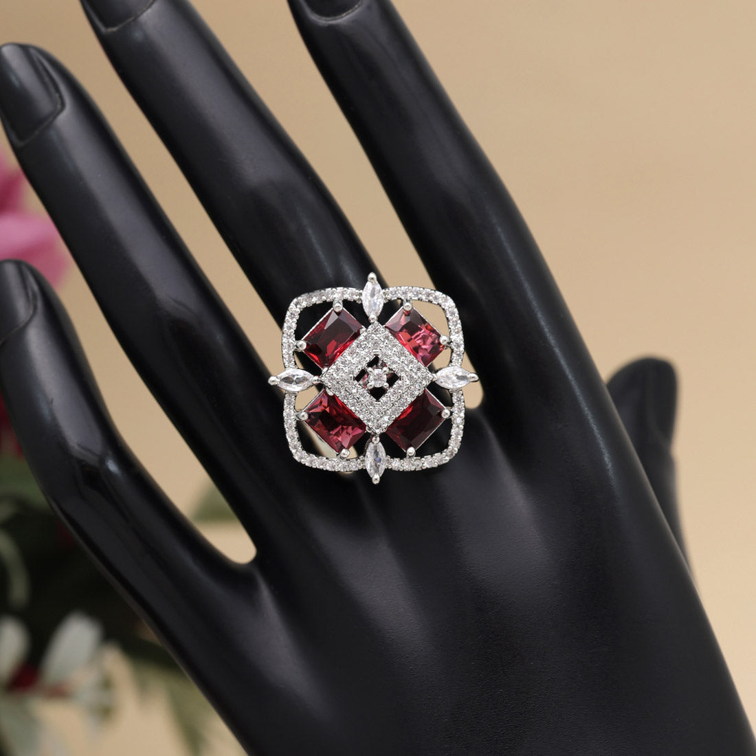 Ruby Color American Diamond Finger Ring (ADR571RUBY) Jewellery GetGlit