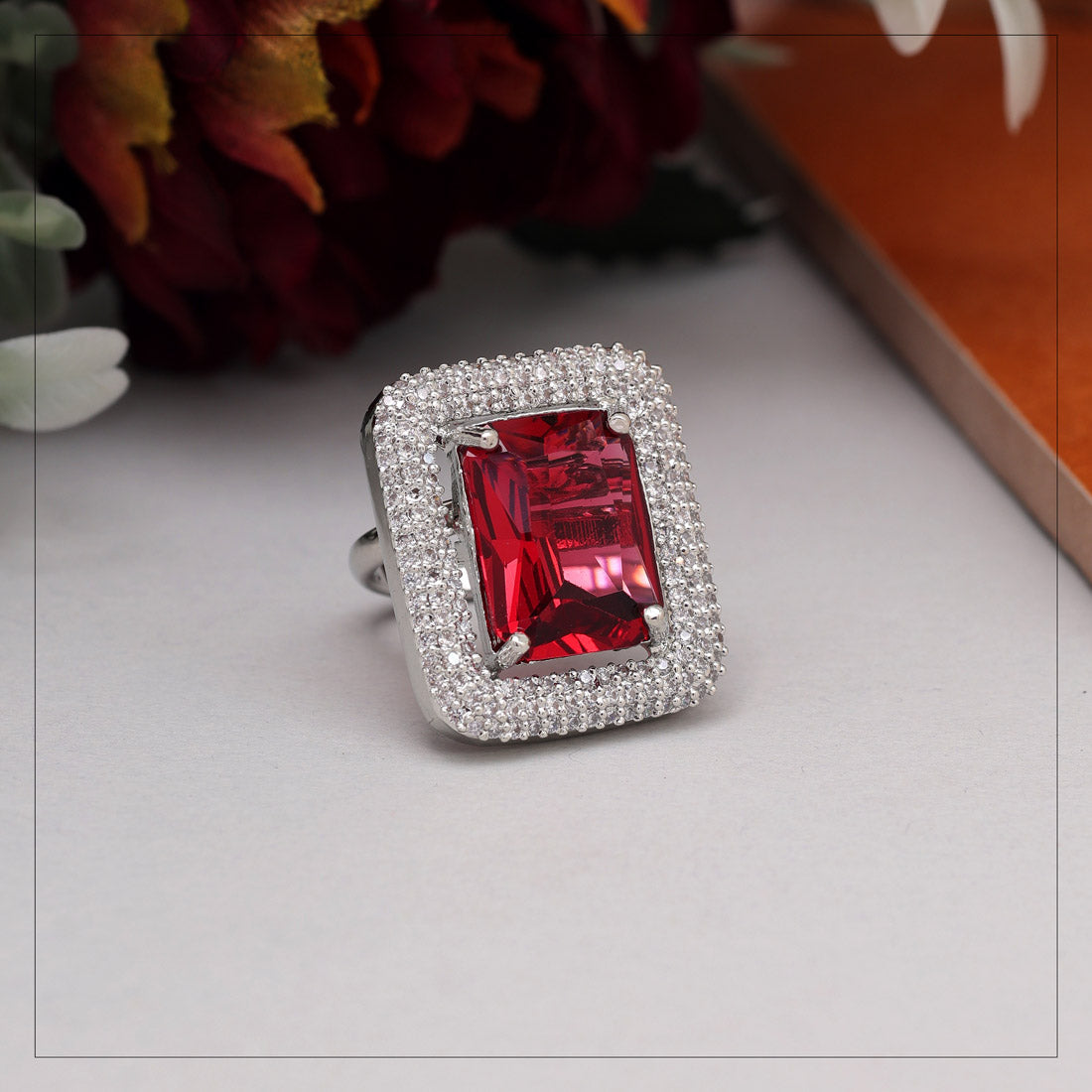 Ruby Color American Diamond Finger Ring (ADR601RUBY) Jewellery GetGlit
