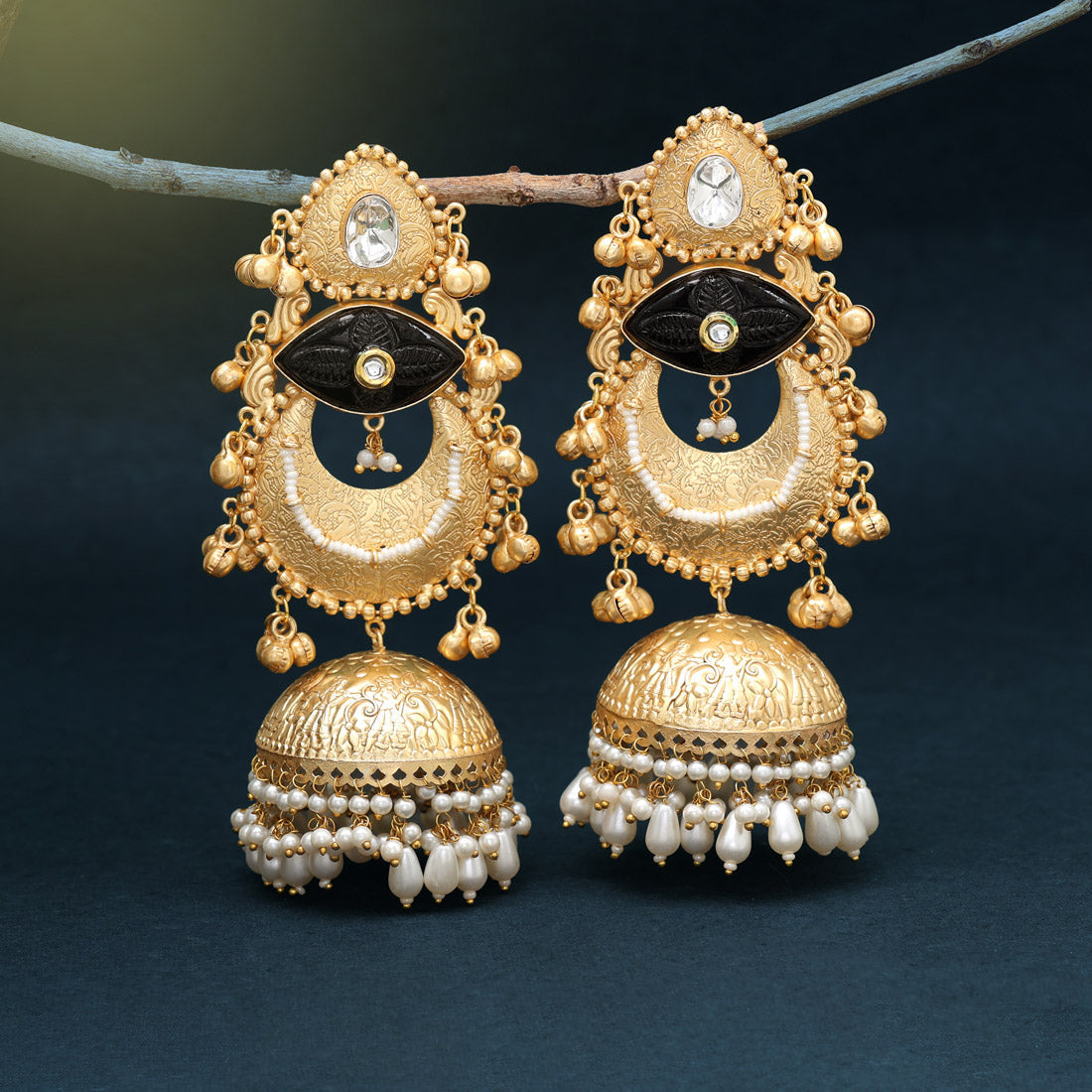 Black Color Handmade In Jaipur On Brass Metal With Moissanite Kundan Amrapali Earrings (AMPE441BLK) Jewellery GetGlit