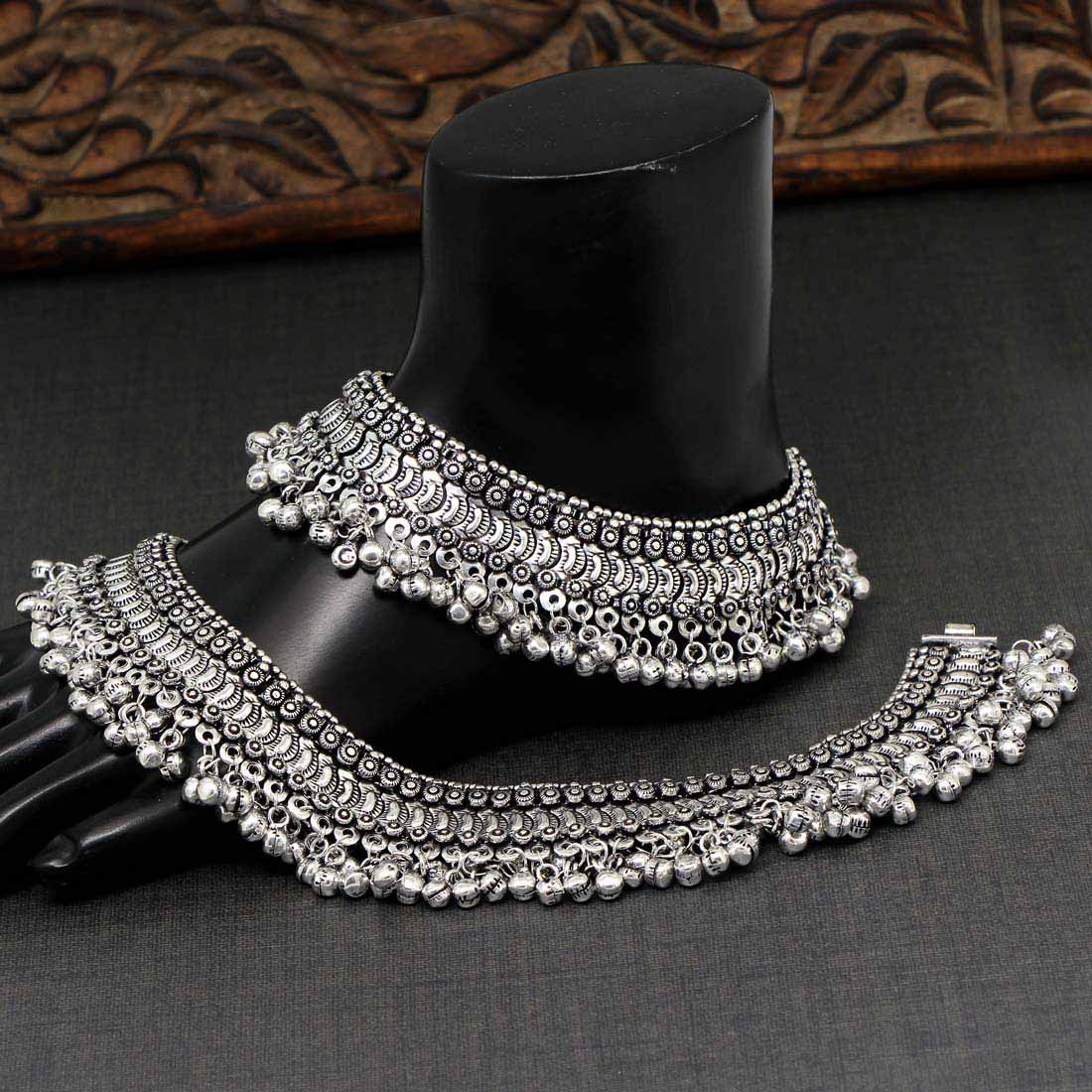 Silver Color Oxidised Anklets (ANK654SLV) Jewellery GetGlit