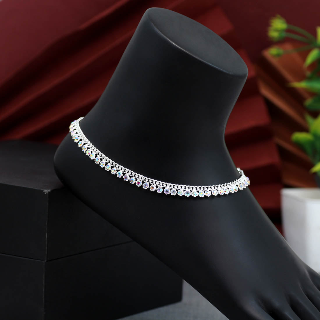 Silver Color Rhinestone Anklets (ANK903SLV) Jewellery GetGlit