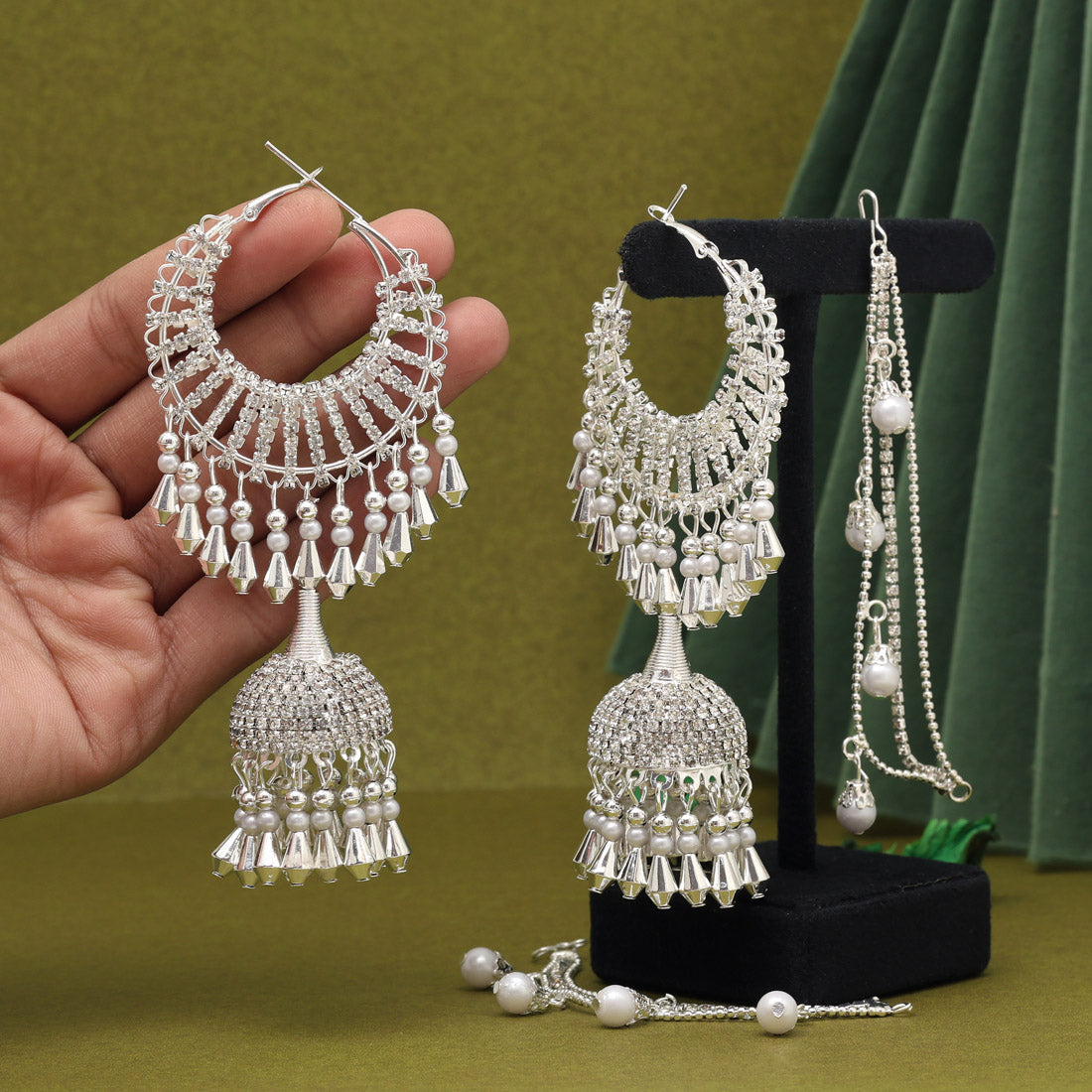 Silver Color Antique Stone Earrings With Chain Jewellery GetGlit