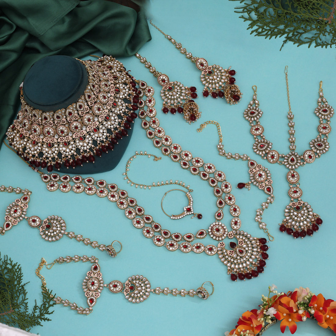 Maroon Color Kundan Dulhan Set Jewellery GetGlit