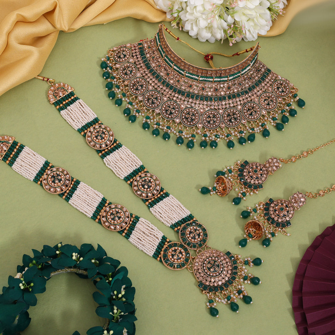 Green Color Kundan Dulhan Set (BDL268GRN) Jewellery GetGlit
