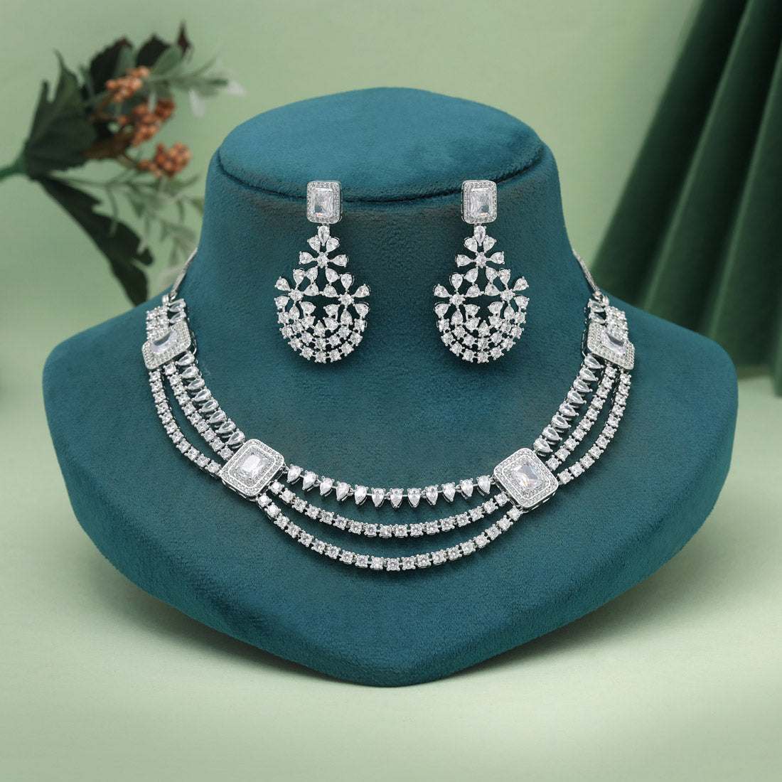 Silver Color American Diamond Necklaces Set (CZN1038SLV) Jewellery GetGlit
