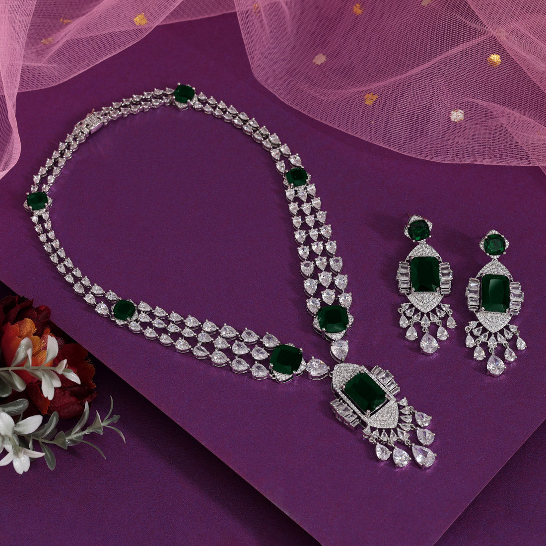 Green Color American Diamond Necklaces Set (CZN1040GRN) Jewellery GetGlit