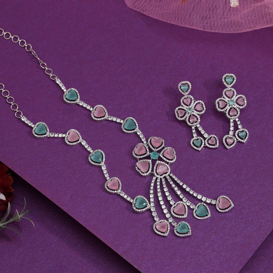 Pink & Pista Green Color American Diamond Necklaces Set (CZN1047PNKPGRN) Jewellery GetGlit