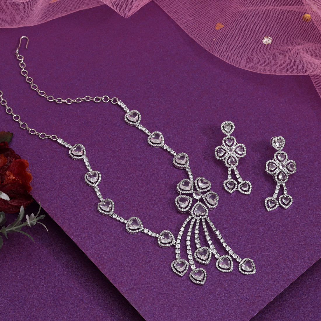 Silver Color American Diamond Necklaces Set (CZN1047SLV) Jewellery GetGlit