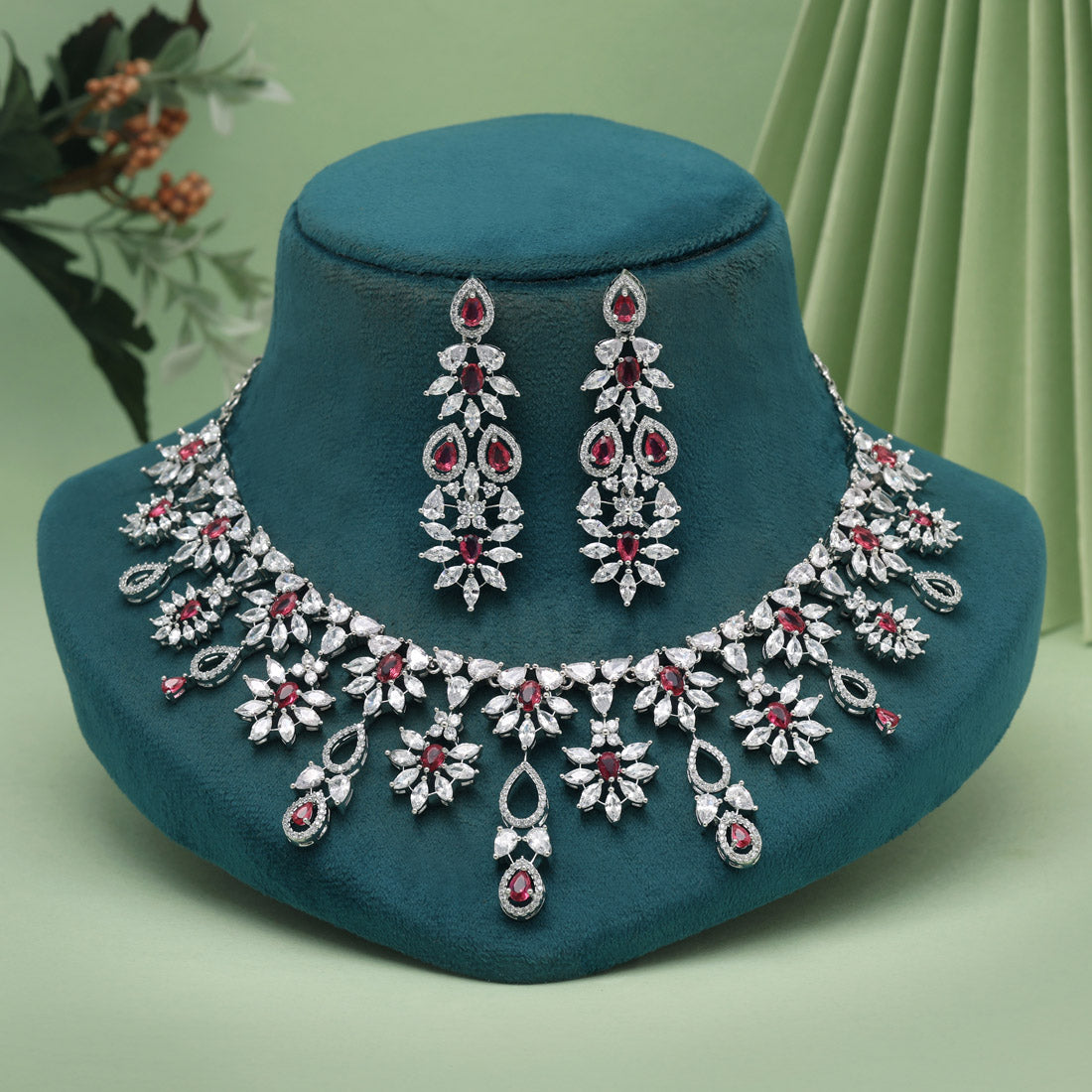 Ruby Color American Diamond Necklaces Set (CZN1053RUBY) Jewellery GetGlit