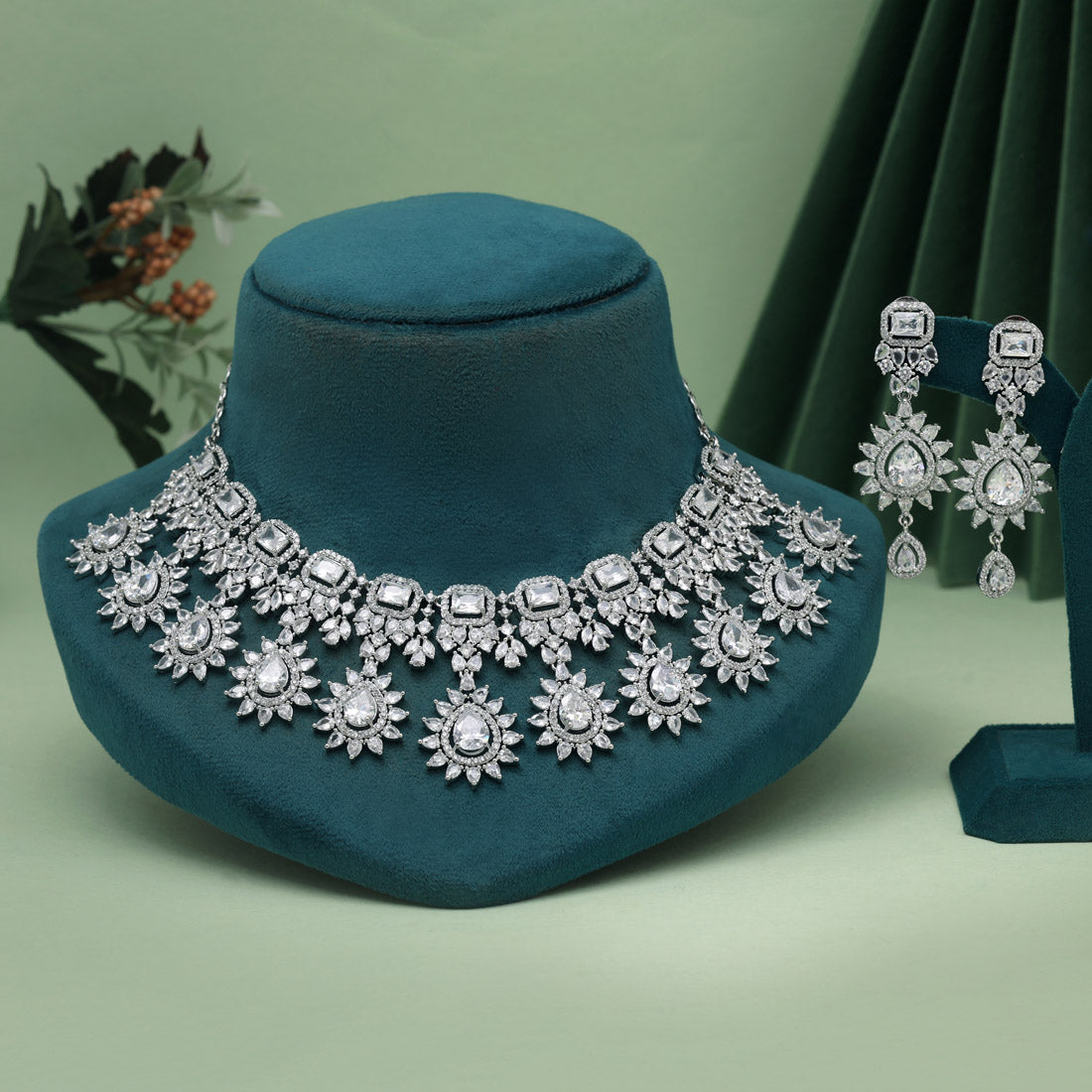 Silver Color American Diamond Necklaces Set (CZN1054SLV) Jewellery GetGlit