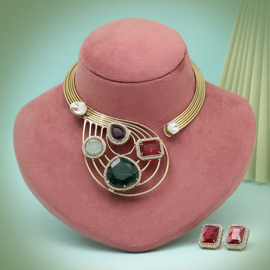 Multi Color Unique Handmade Brass Metal With Monalisa Stones & Moissanite Kundan Apala Polish Necklace Of Jaipur (CZN1056MLT) Jewellery GetGlit