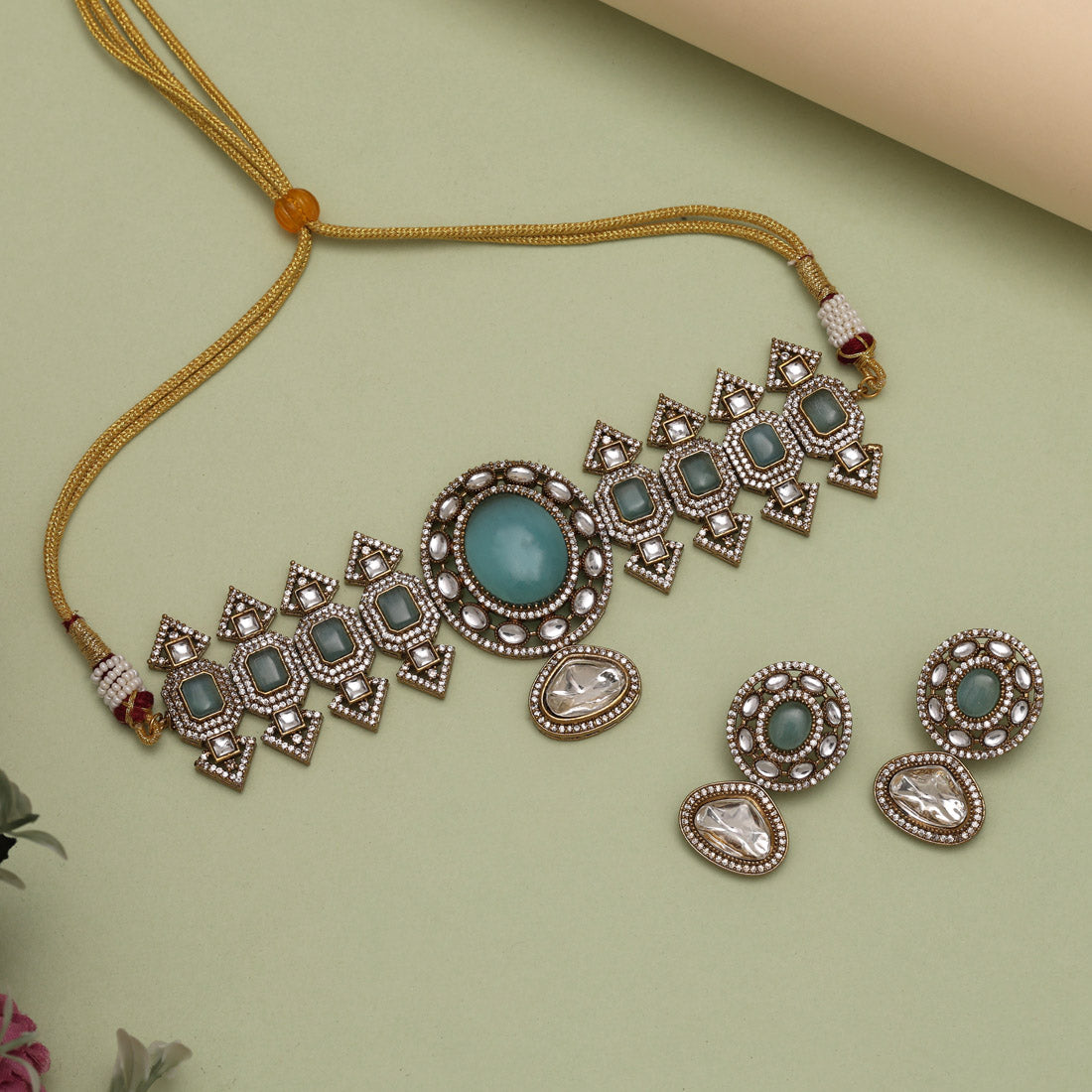 Sky Blue Color Premium Jaipur Jewellery Brass Choker Necklace With Beautiful Monalisa And Moissanite Stone Jewellery GetGlit