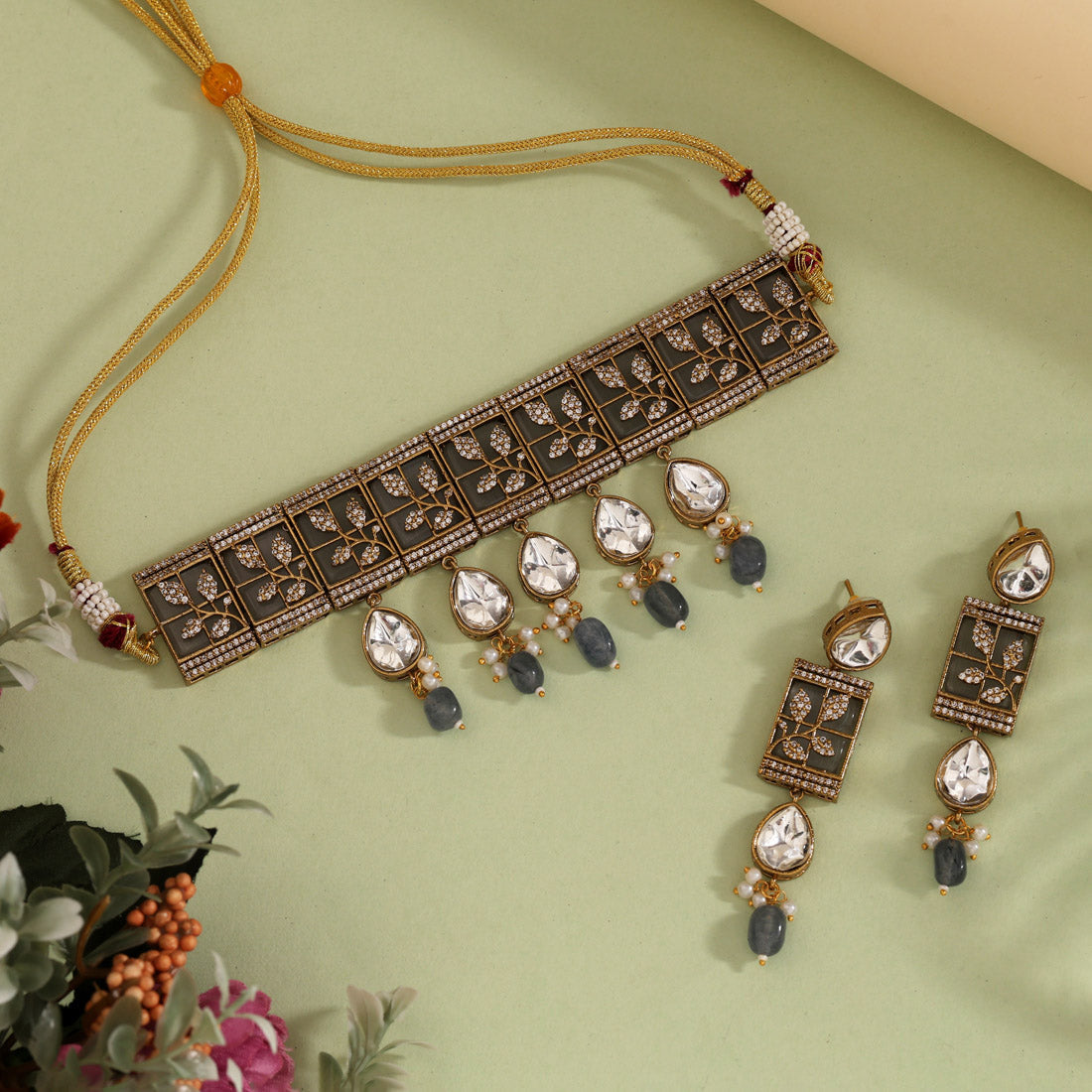 Grey Color Unique Brass Choker Necklace With Ad And Moissanite Stone Jewellery GetGlit