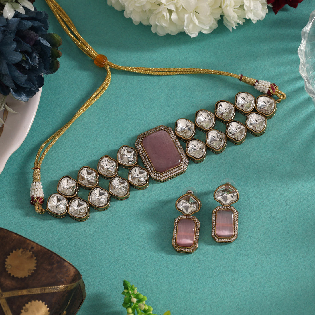 Pink Color Premium Quality Moissanite And Monalisa Stone Decorated Choker Necklace Jewellery GetGlit
