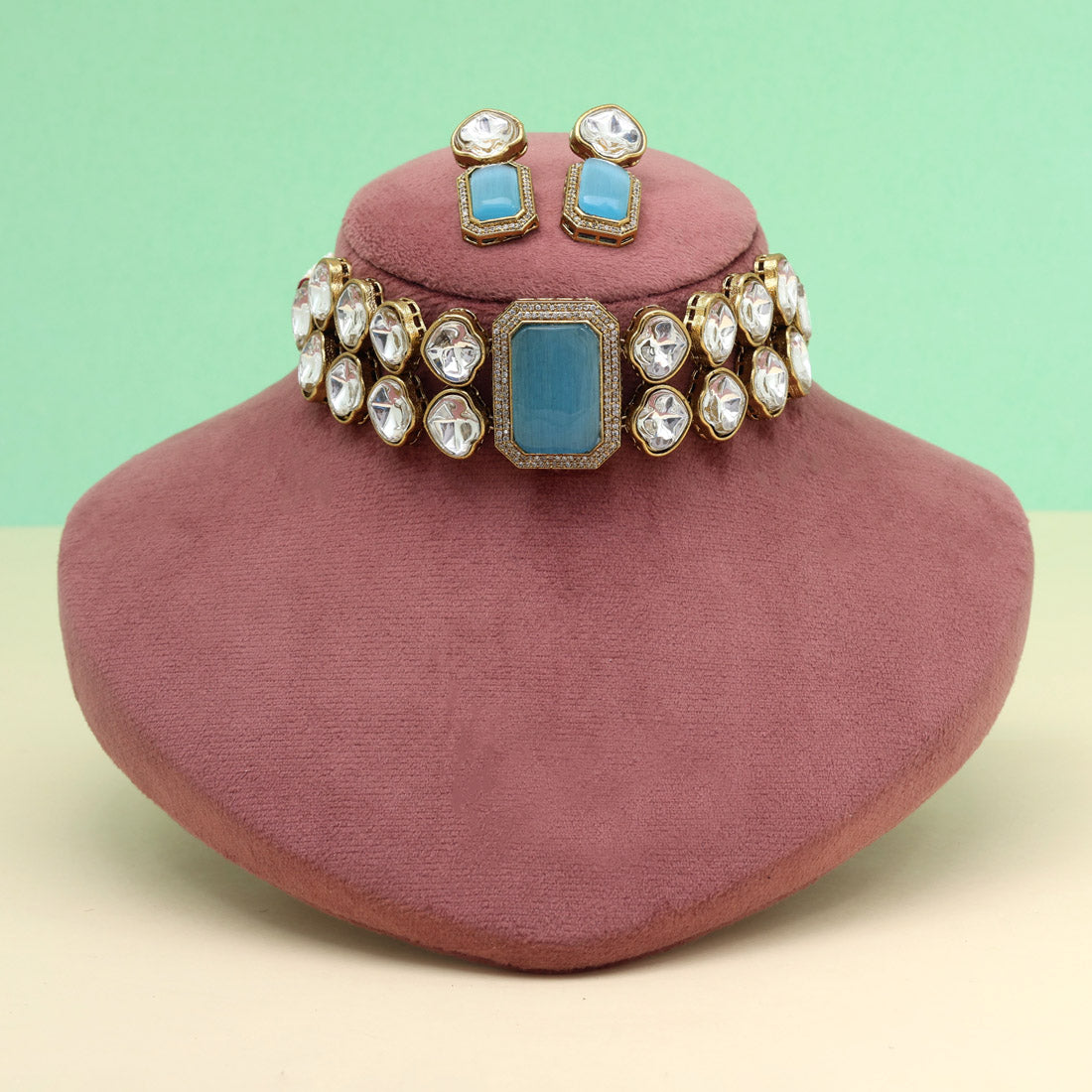 Sky Blue Color Premium Quality Moissanite And Monalisa Stone Decorated Choker Necklace Jewellery GetGlit