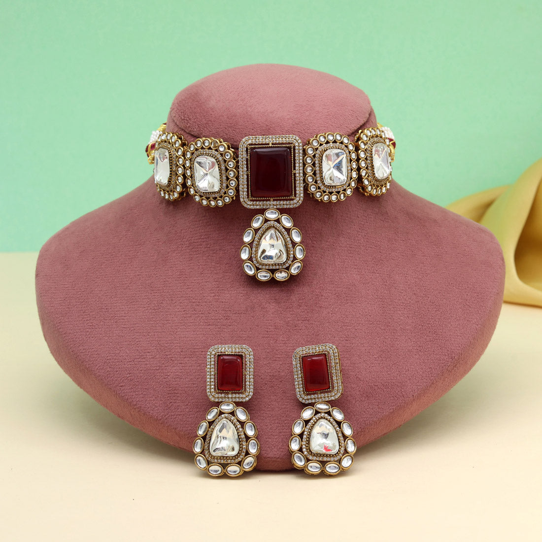 Maroon Color Handmade Jaipur Choker Necklace With Moissanite And Monalisa Stones Jewellery GetGlit