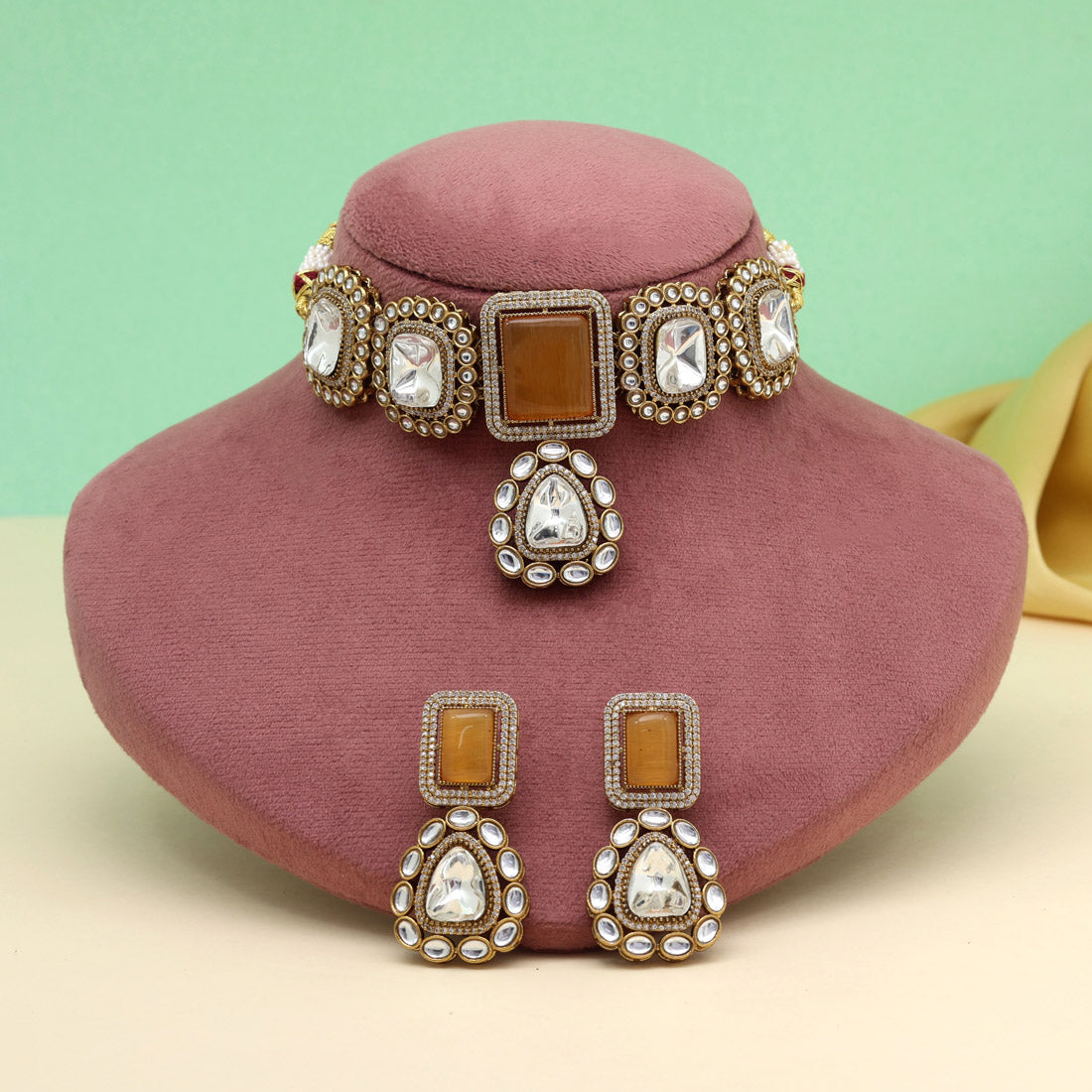 Mustard Yellow Color Handmade Jaipur Choker Necklace With Moissanite And Monalisa Stones Jewellery GetGlit