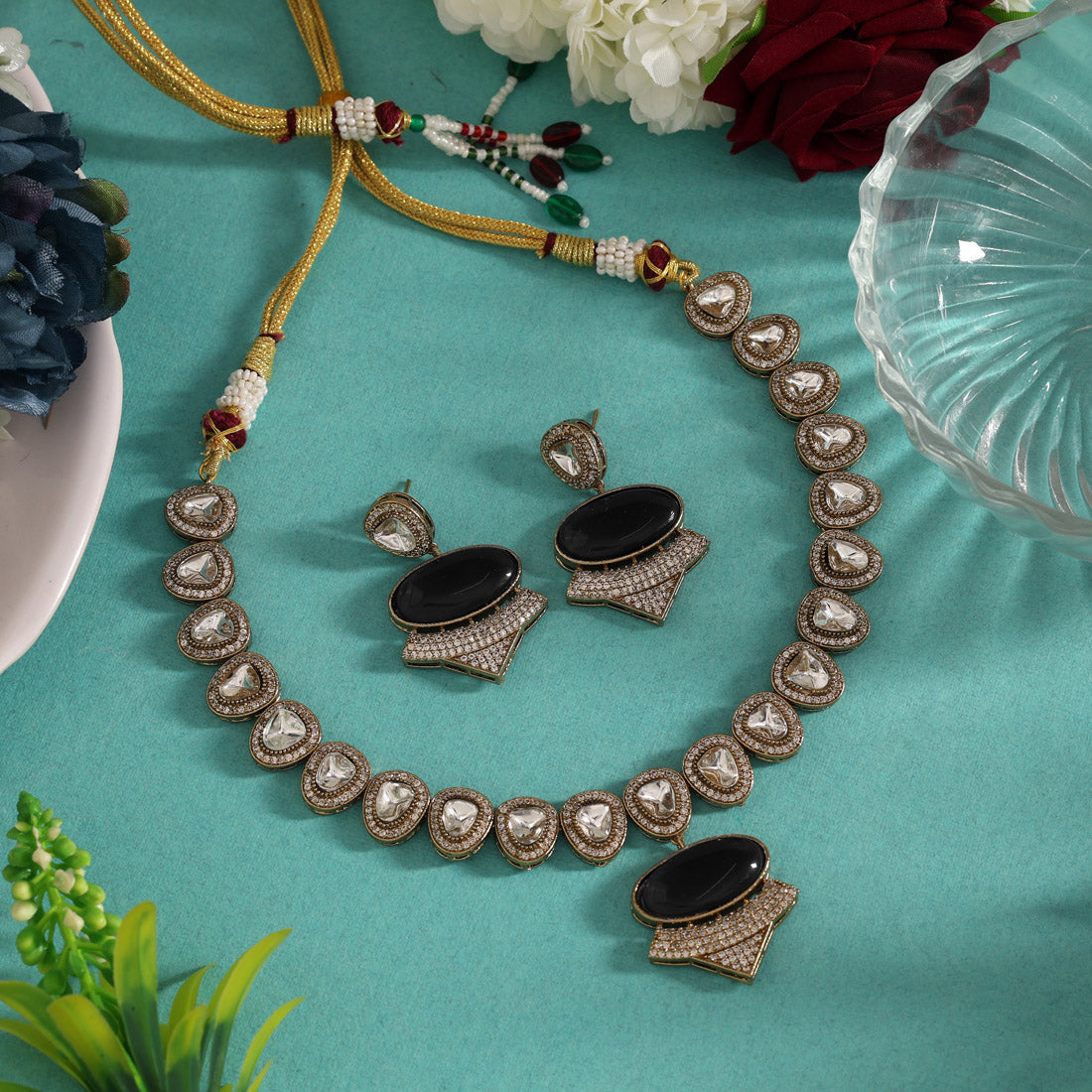 Black Color Handmade Jaipur American Diamond Necklace With Monalisa Stones Jewellery GetGlit