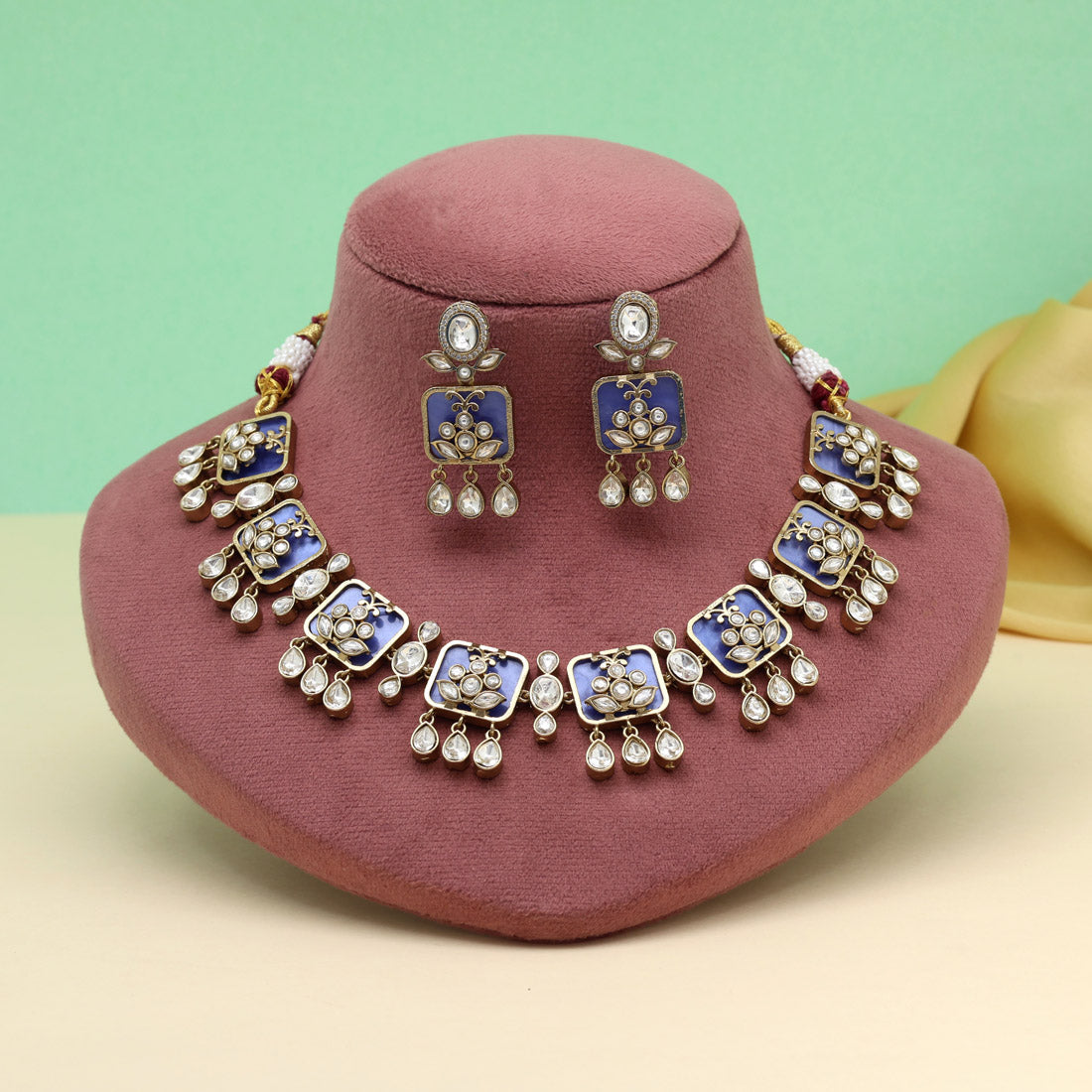 Blue Color Premium Handmade Brass Necklace With Moissanite Stones Jewellery GetGlit