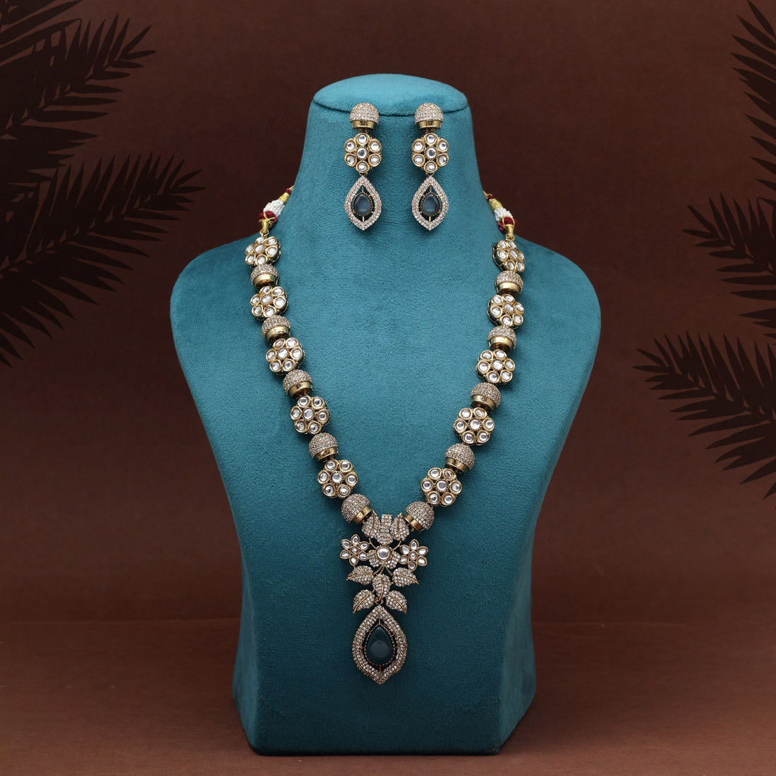 Blue Color Premium Quality Handmade In Jaipur Brass Ad & Monalisa Stone Necklace Set Jewellery GetGlit