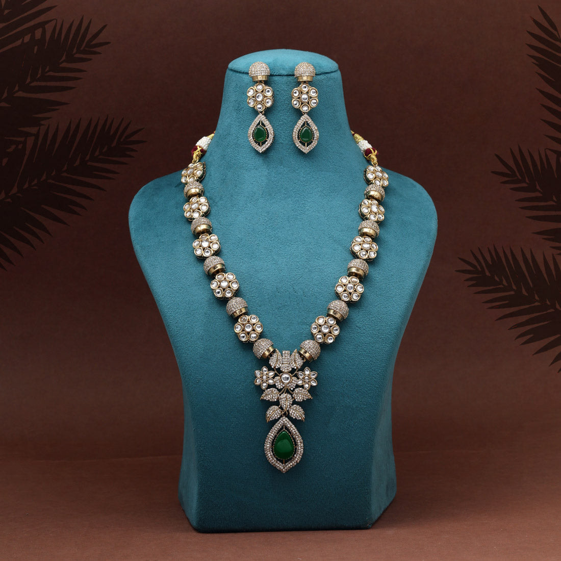 Green Color Premium Quality Handmade In Jaipur Brass Ad & Monalisa Stone Necklace Set Jewellery GetGlit