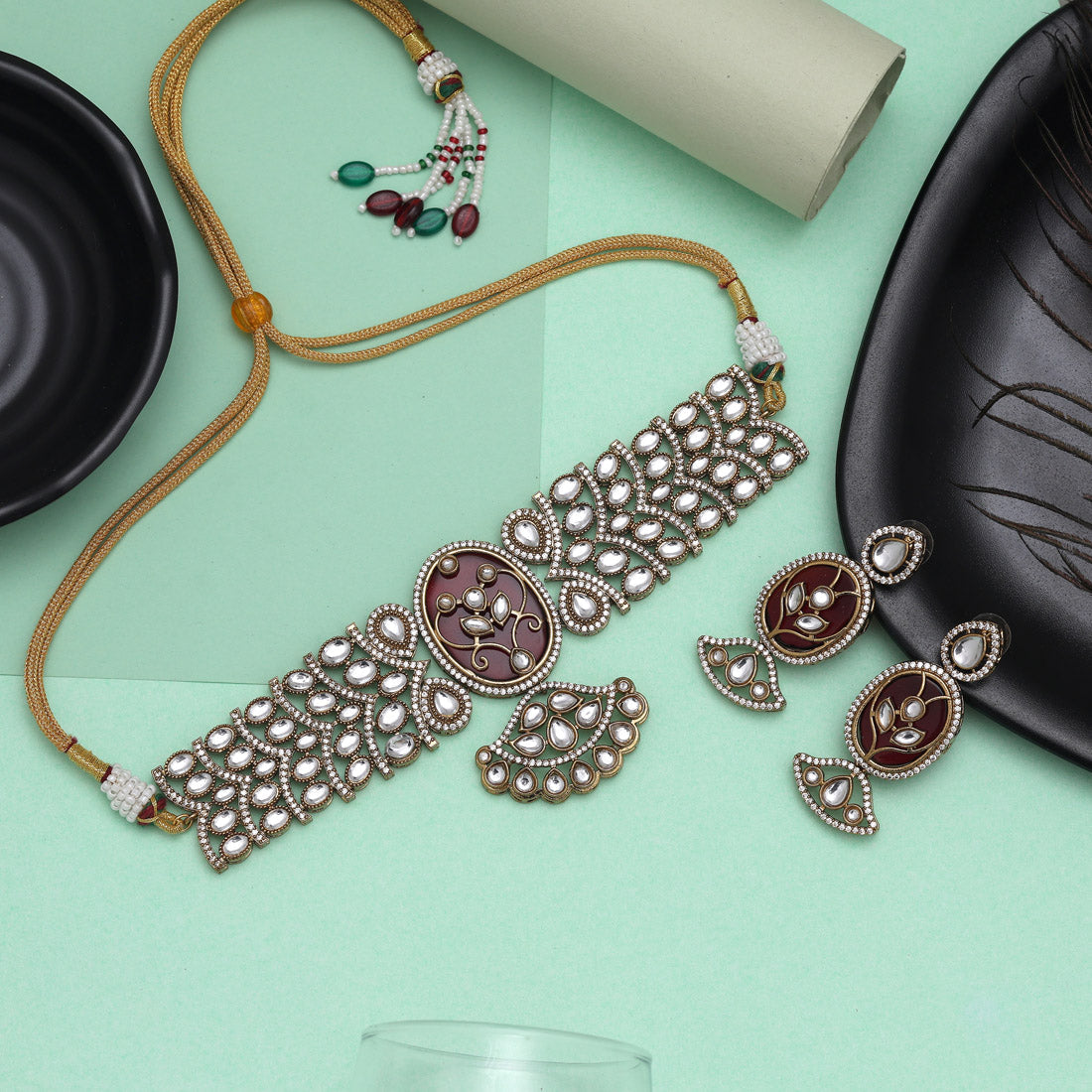 Maroon Color Choker American Diamond Necklaces Set Jewellery GetGlit