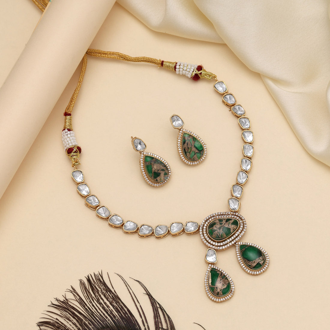 Green Color American Diamond Necklaces Set Jewellery GetGlit