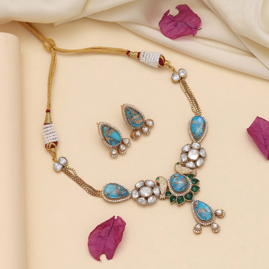 Firozi Color American Diamond Necklaces Set Jewellery GetGlit