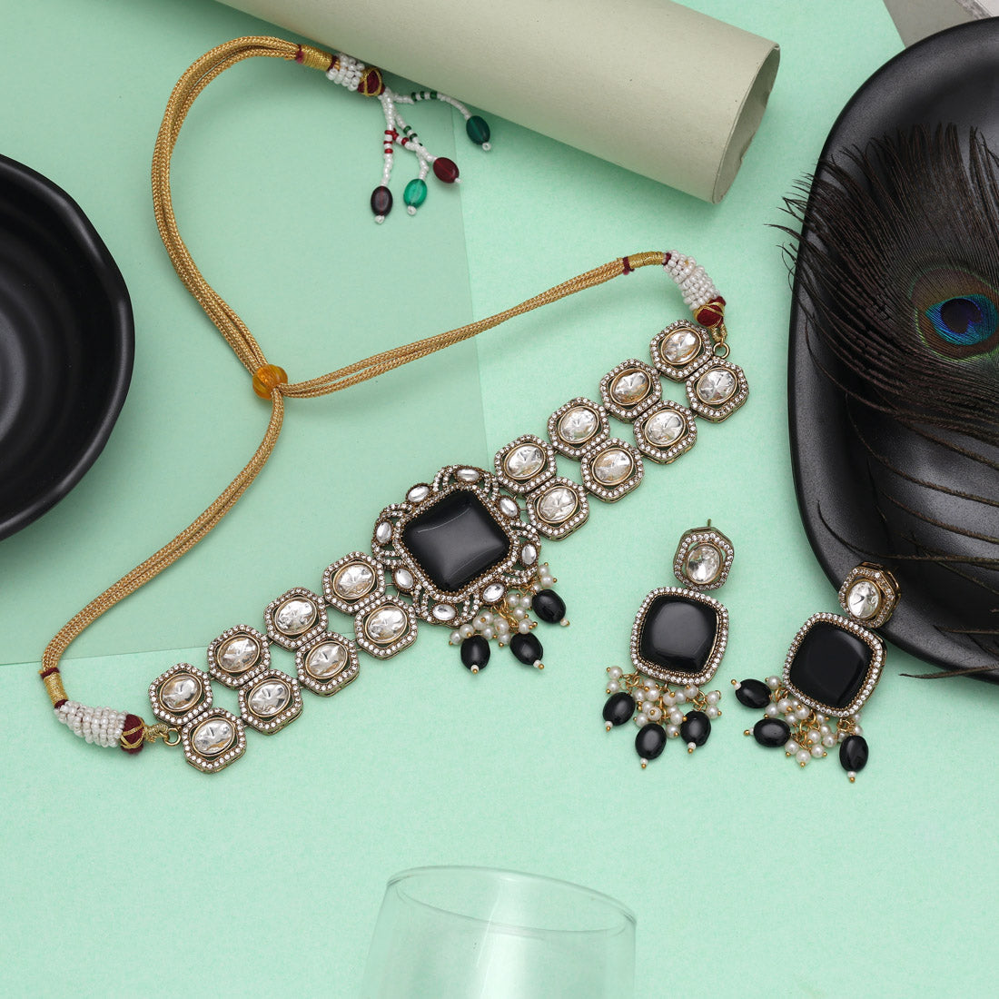 Black Color Choker American Diamond Necklaces Set Jewellery GetGlit