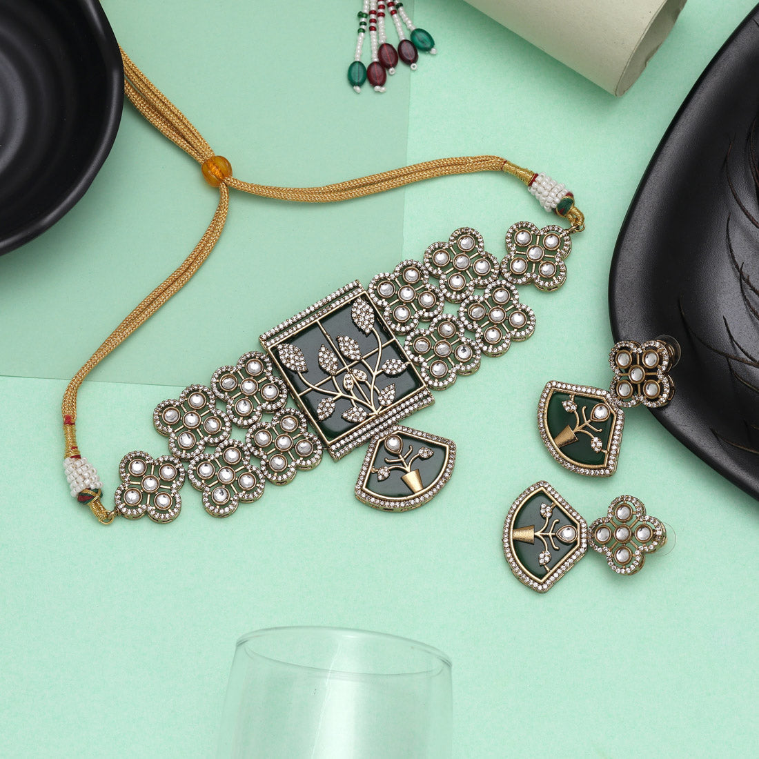 Green Color Choker American Diamond Necklaces Set Jewellery GetGlit