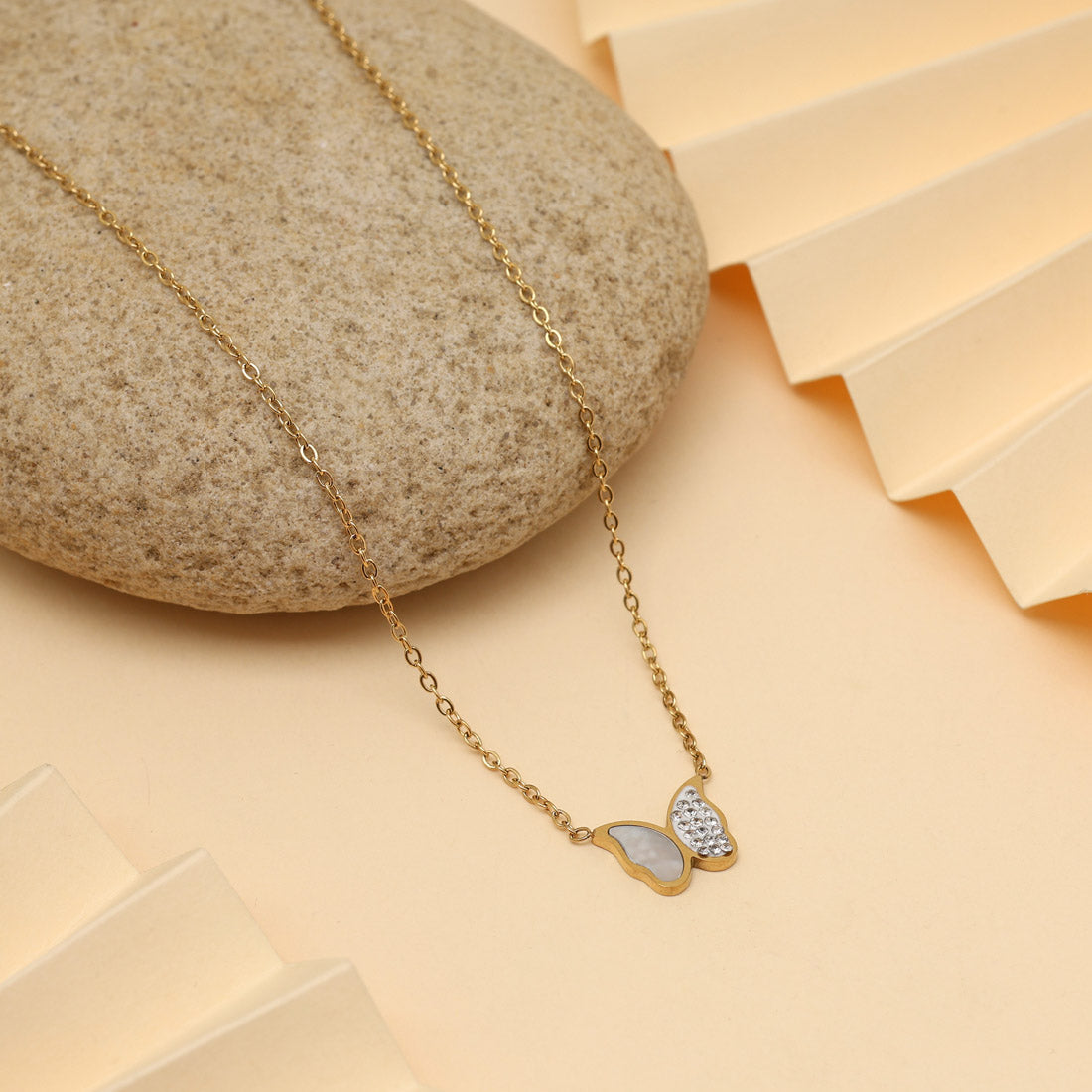 Gold Color Butterfly Shape Stainless Steel 18k Gold Plated American Diamond Demi Fine Pendant Jewellery GetGlit