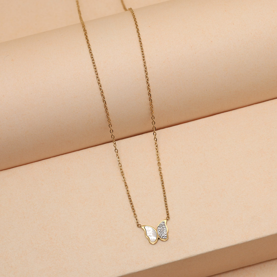 Gold Color Butterfly Shape Stainless Steel 18k Gold Plated American Diamond Demi Fine Pendant Jewellery GetGlit