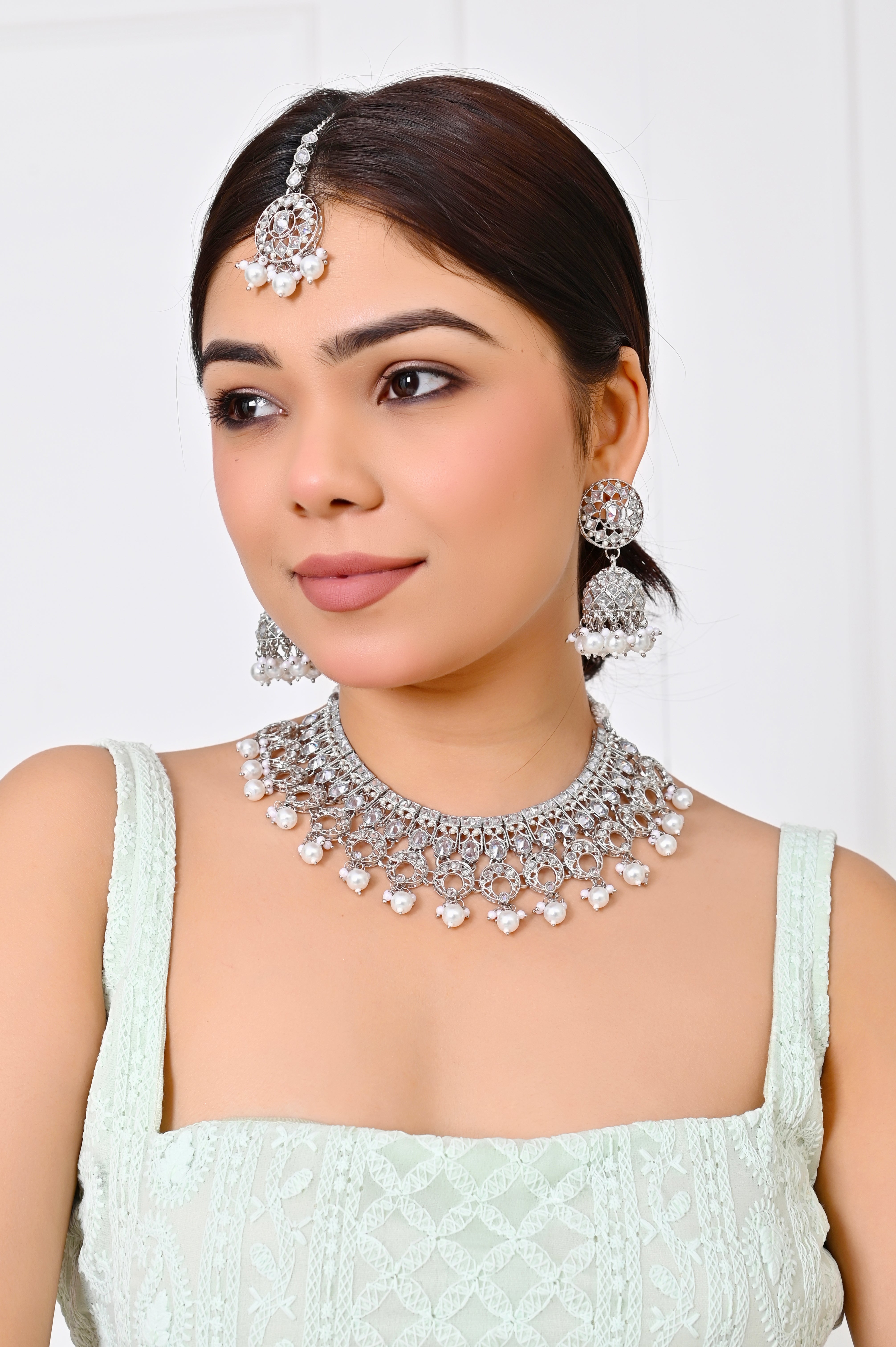 Silver Stone White Pearl Kundan Necklace with Jhumka Earrings & Maang Tikka Jewellery GetGlit