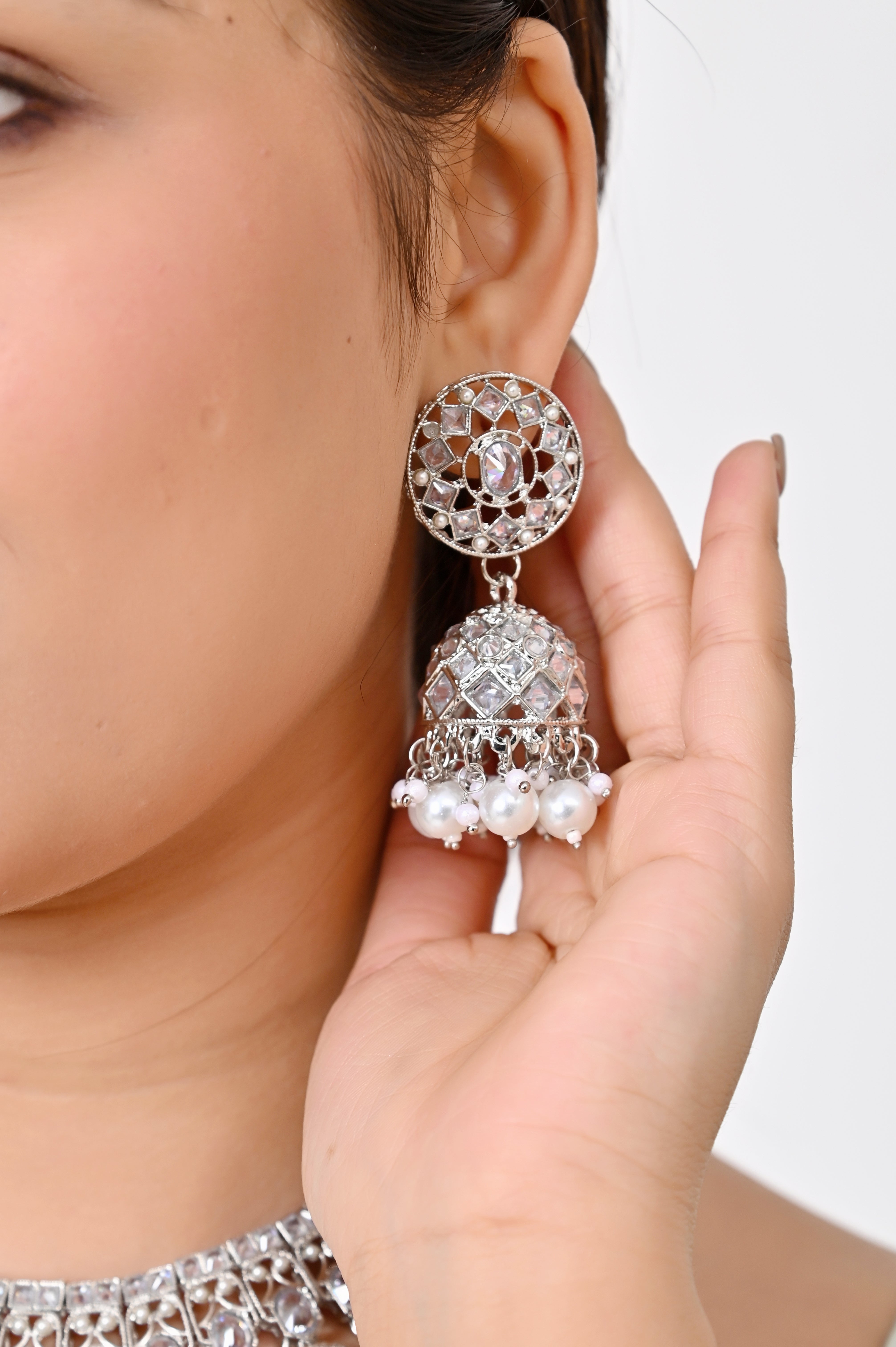 Silver Stone White Pearl Kundan Necklace with Jhumka Earrings & Maang Tikka Jewellery GetGlit