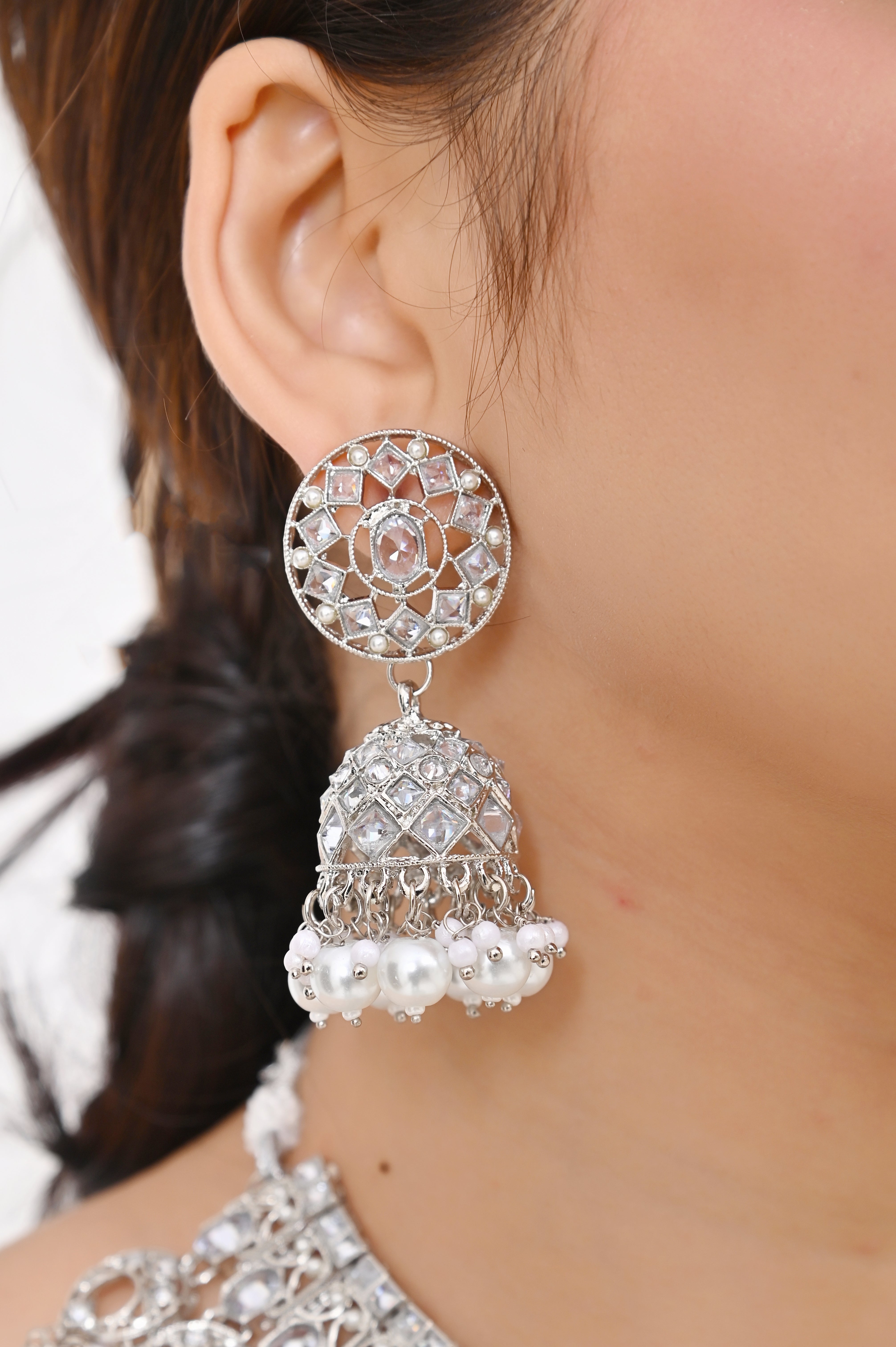 Silver Stone White Pearl Kundan Necklace with Jhumka Earrings & Maang Tikka Jewellery GetGlit