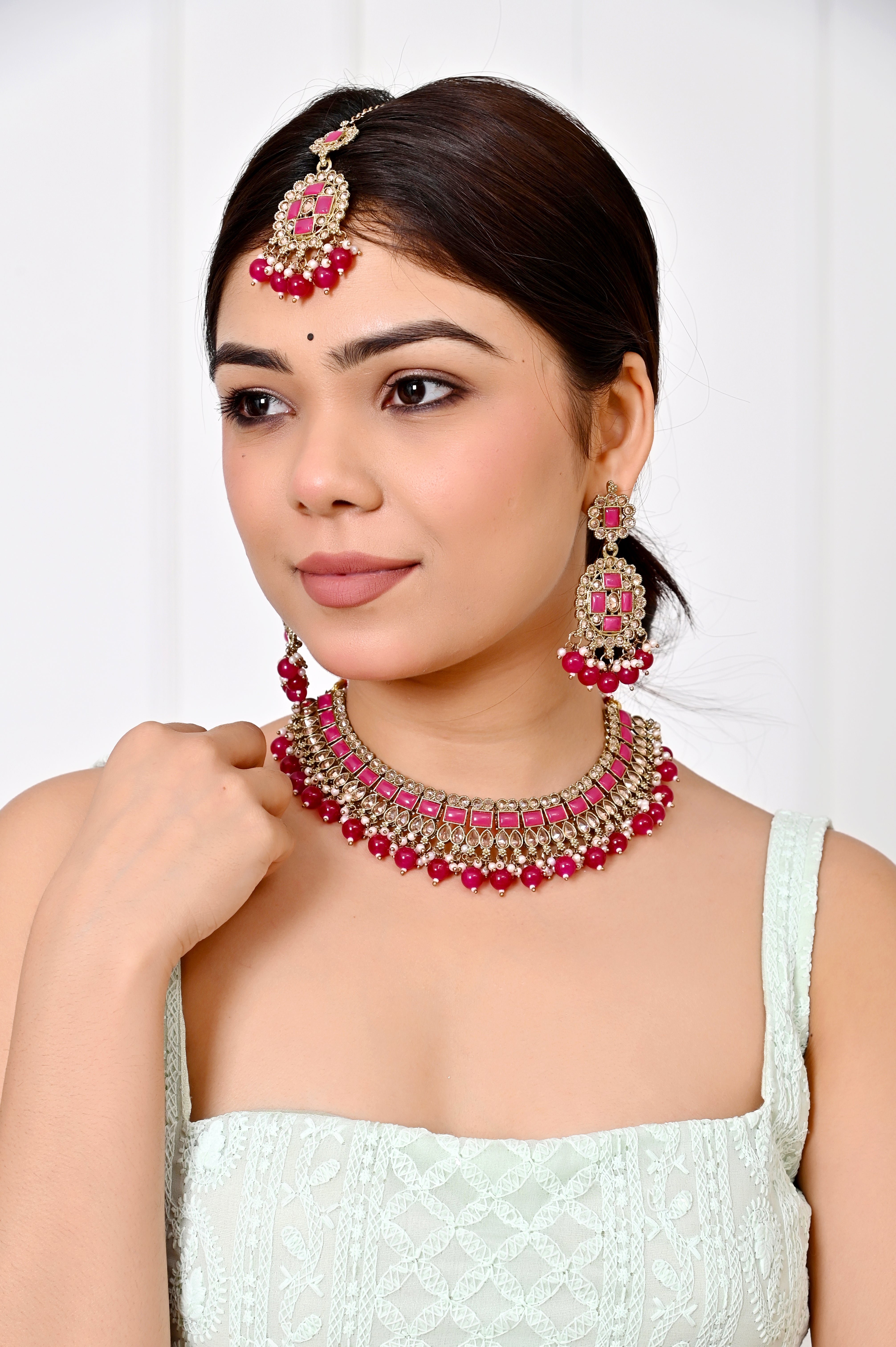 Turquoise Rani Kundan Necklace Set with Chandelier Earrings and Maang tikka Jewellery GetGlit