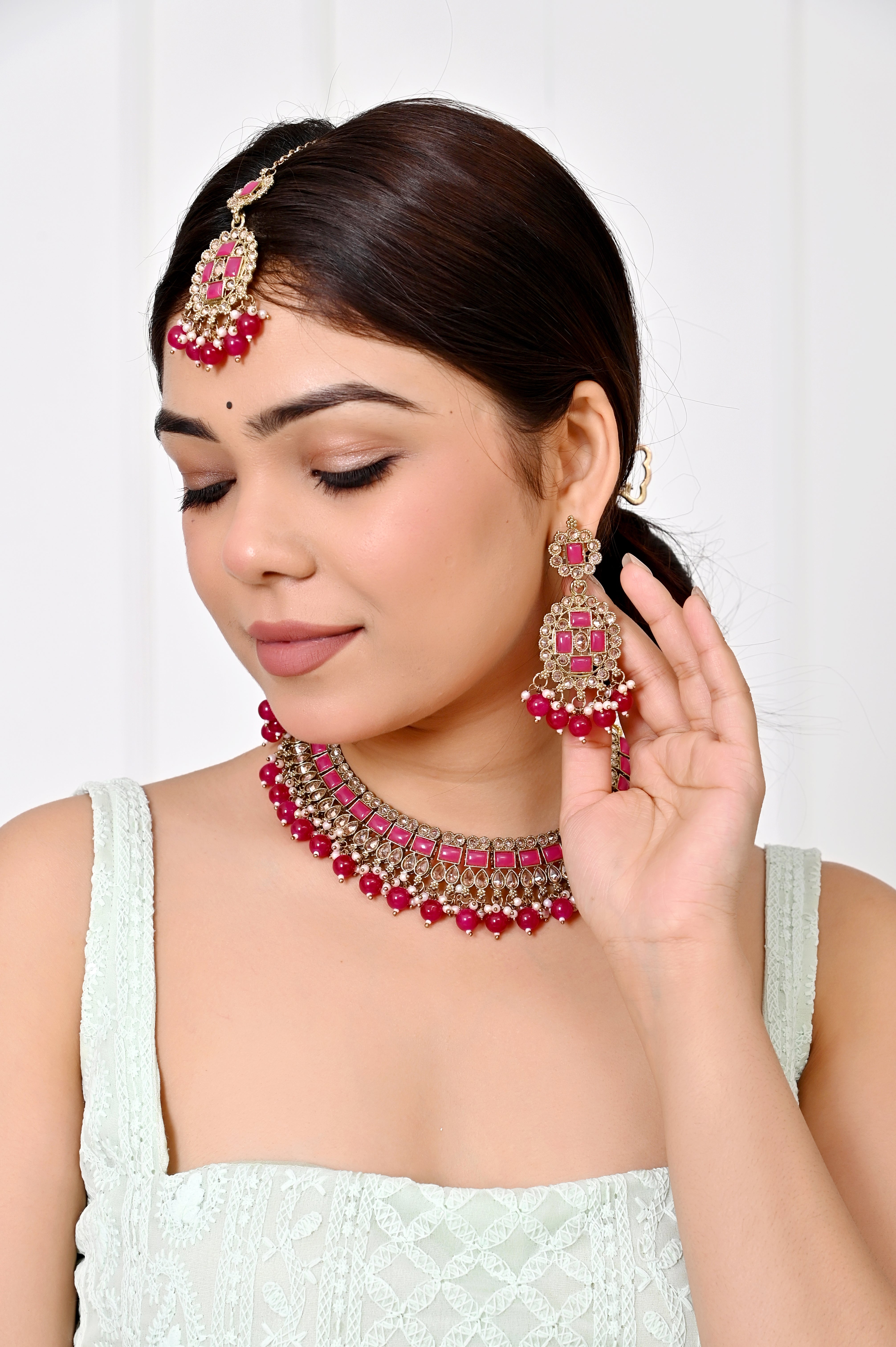 Turquoise Rani Kundan Necklace Set with Chandelier Earrings and Maang tikka Jewellery GetGlit