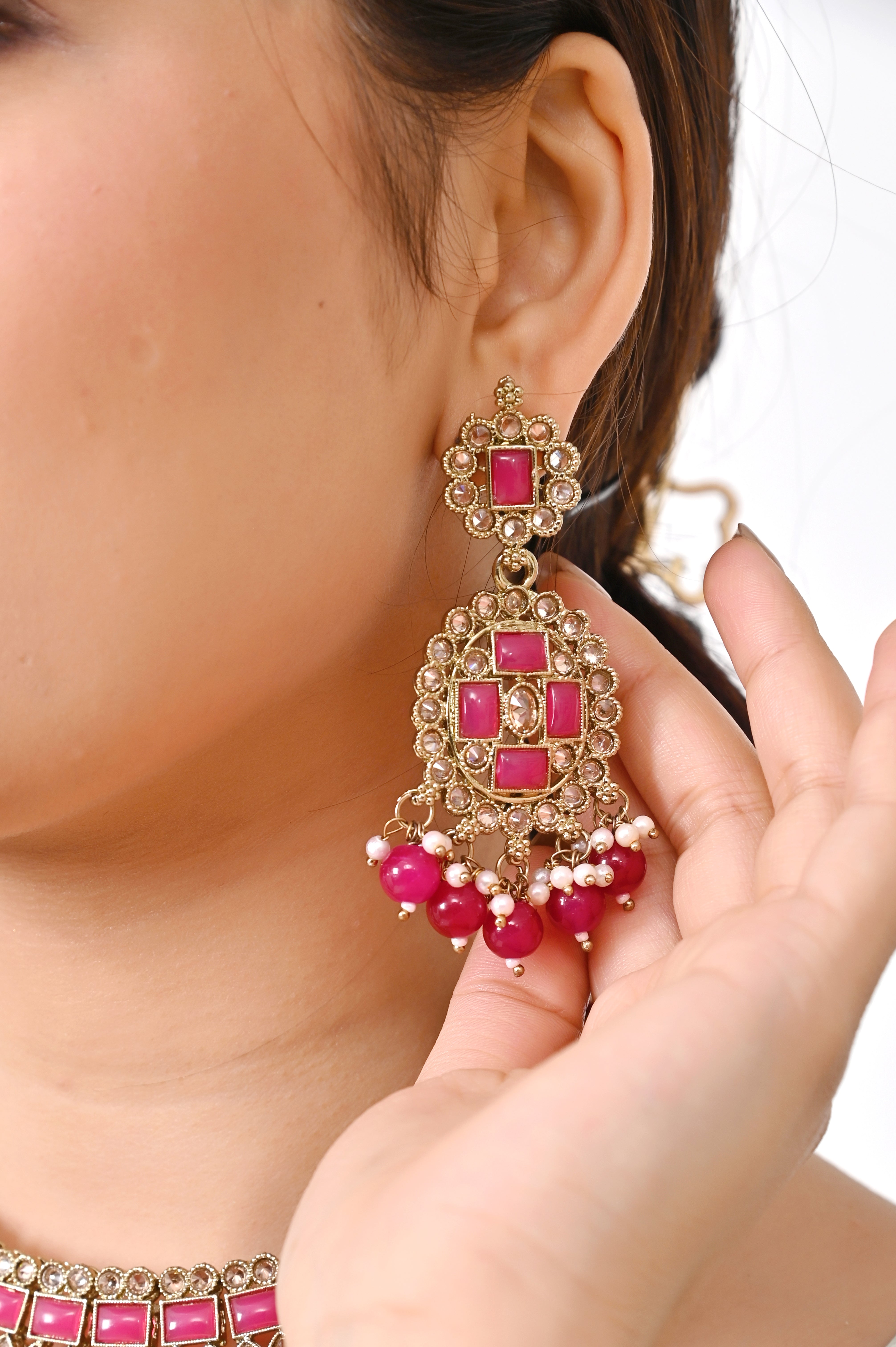 Turquoise Rani Kundan Necklace Set with Chandelier Earrings and Maang tikka Jewellery GetGlit