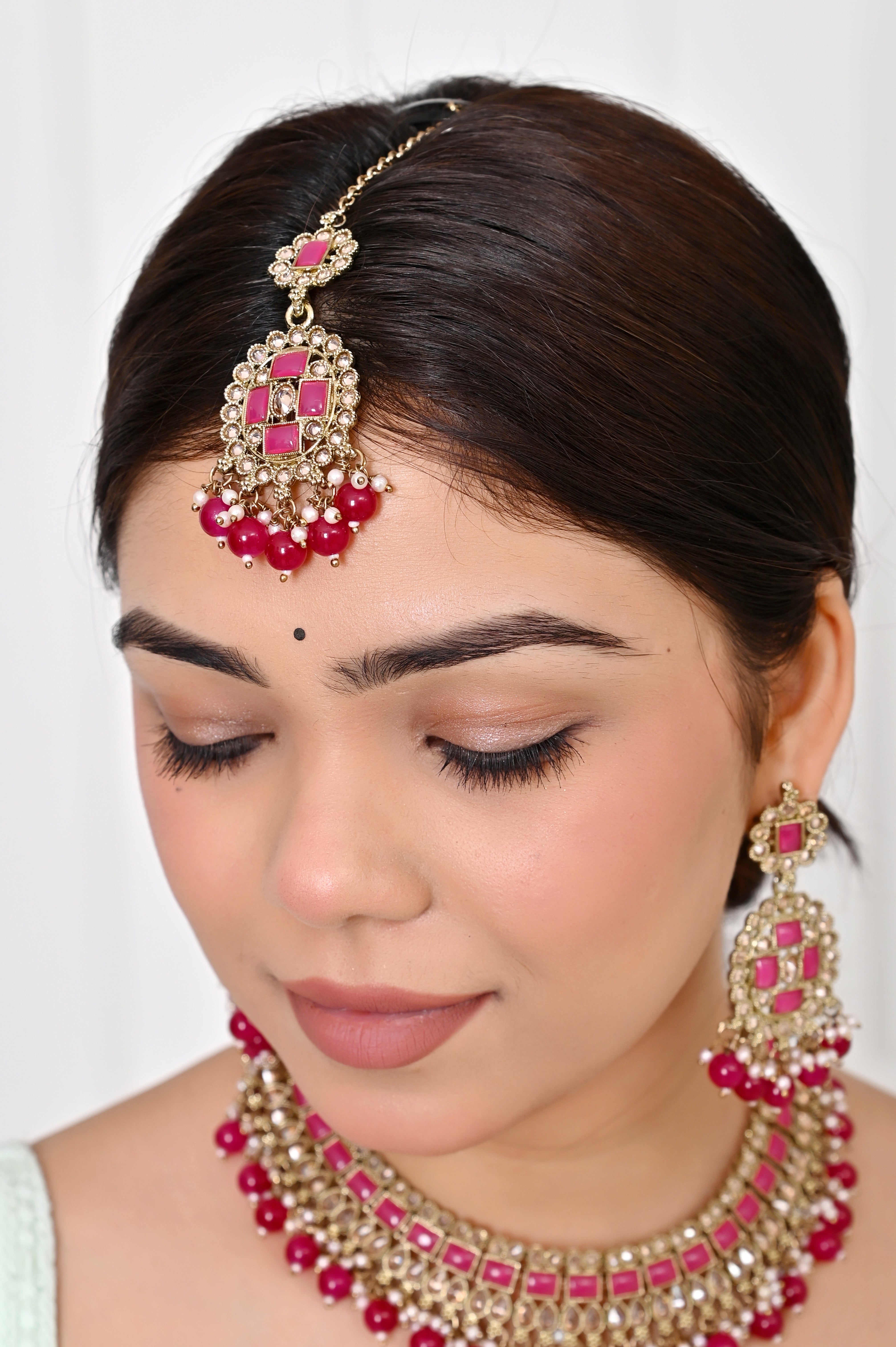 Turquoise Rani Kundan Necklace Set with Chandelier Earrings and Maang tikka Jewellery GetGlit