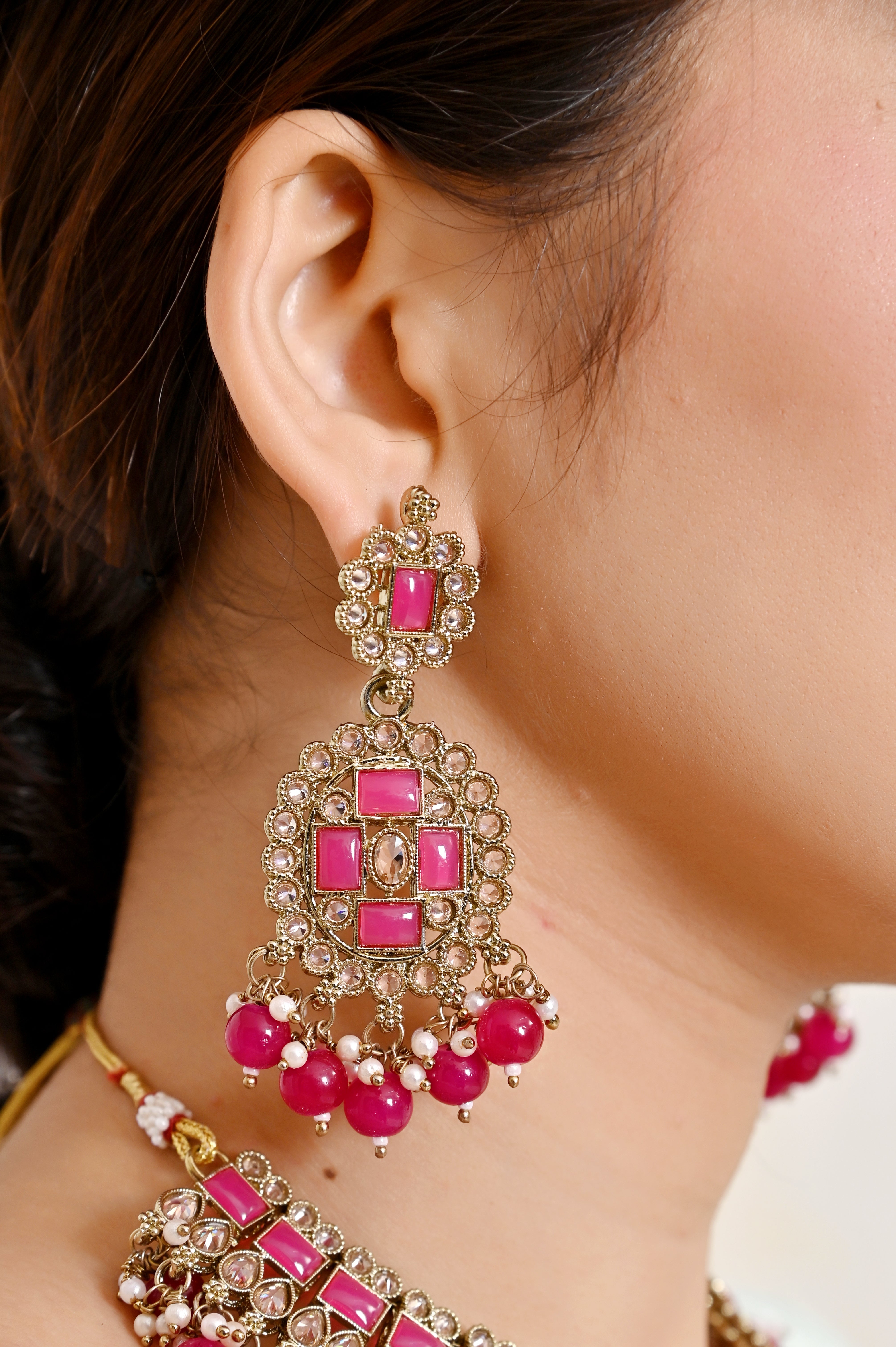 Turquoise Rani Kundan Necklace Set with Chandelier Earrings and Maang tikka Jewellery GetGlit