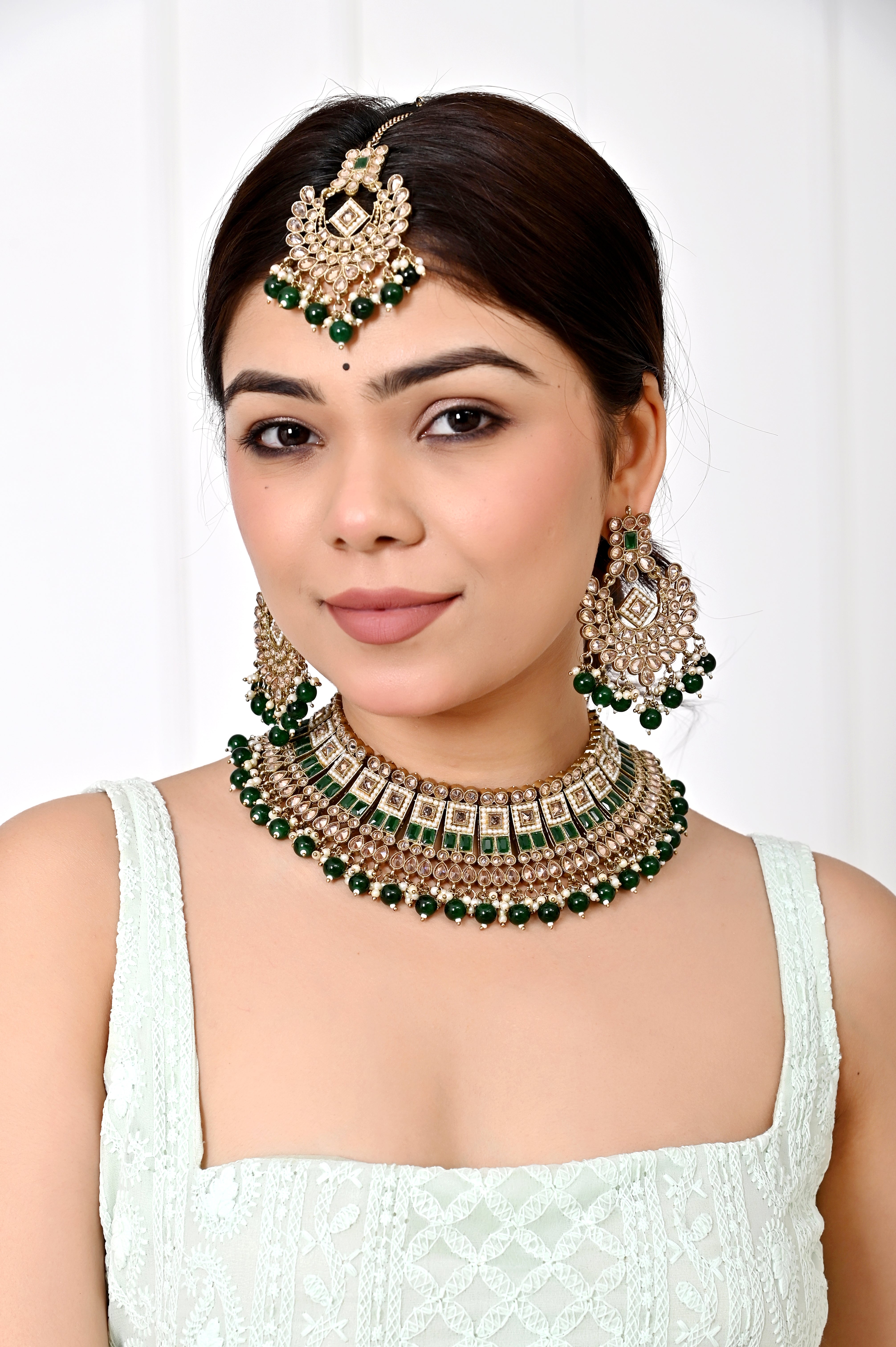 Green Indian Traditional Kundan Necklace set Jewellery GetGlit