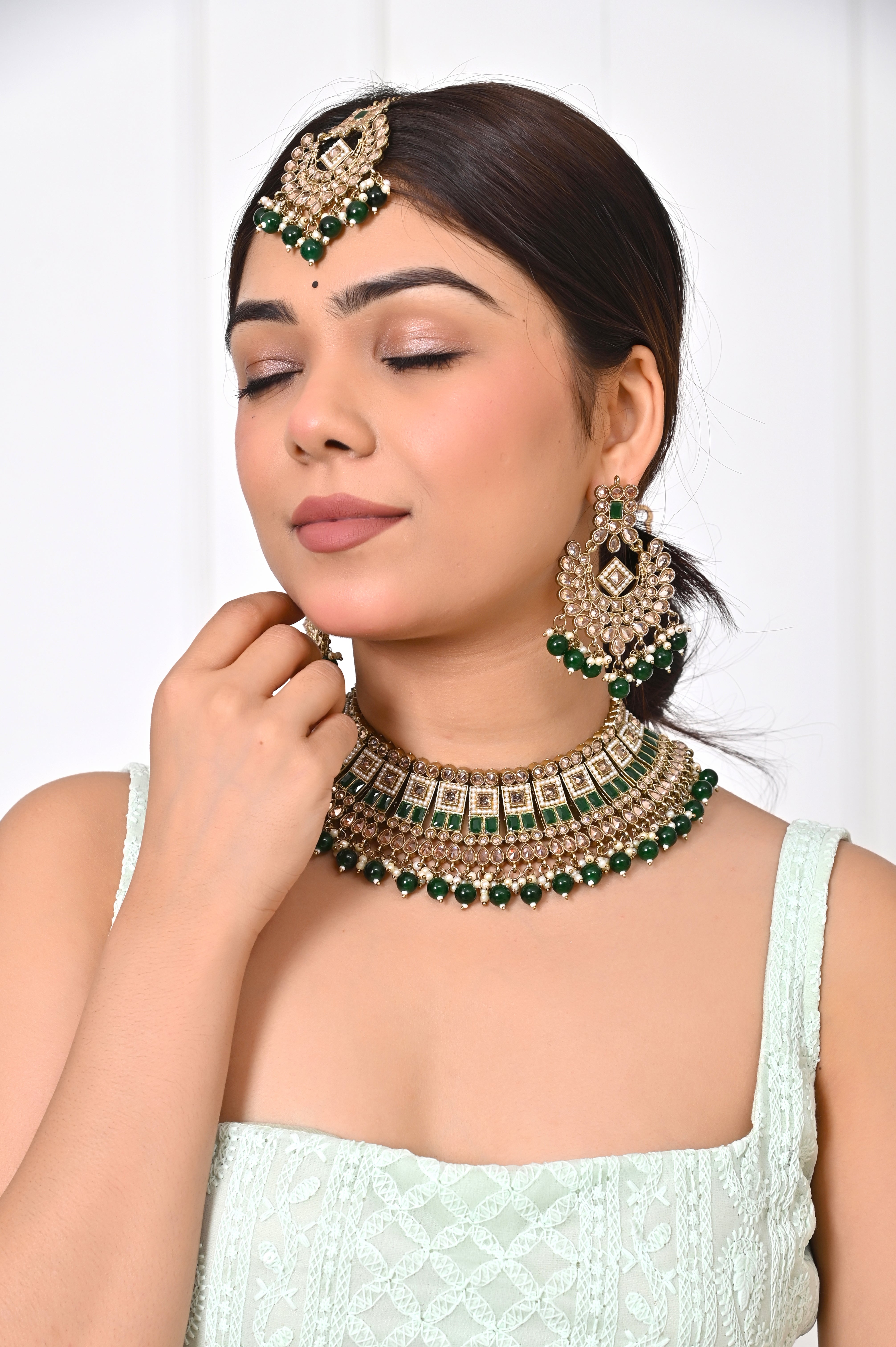 Green Indian Traditional Kundan Necklace set Jewellery GetGlit