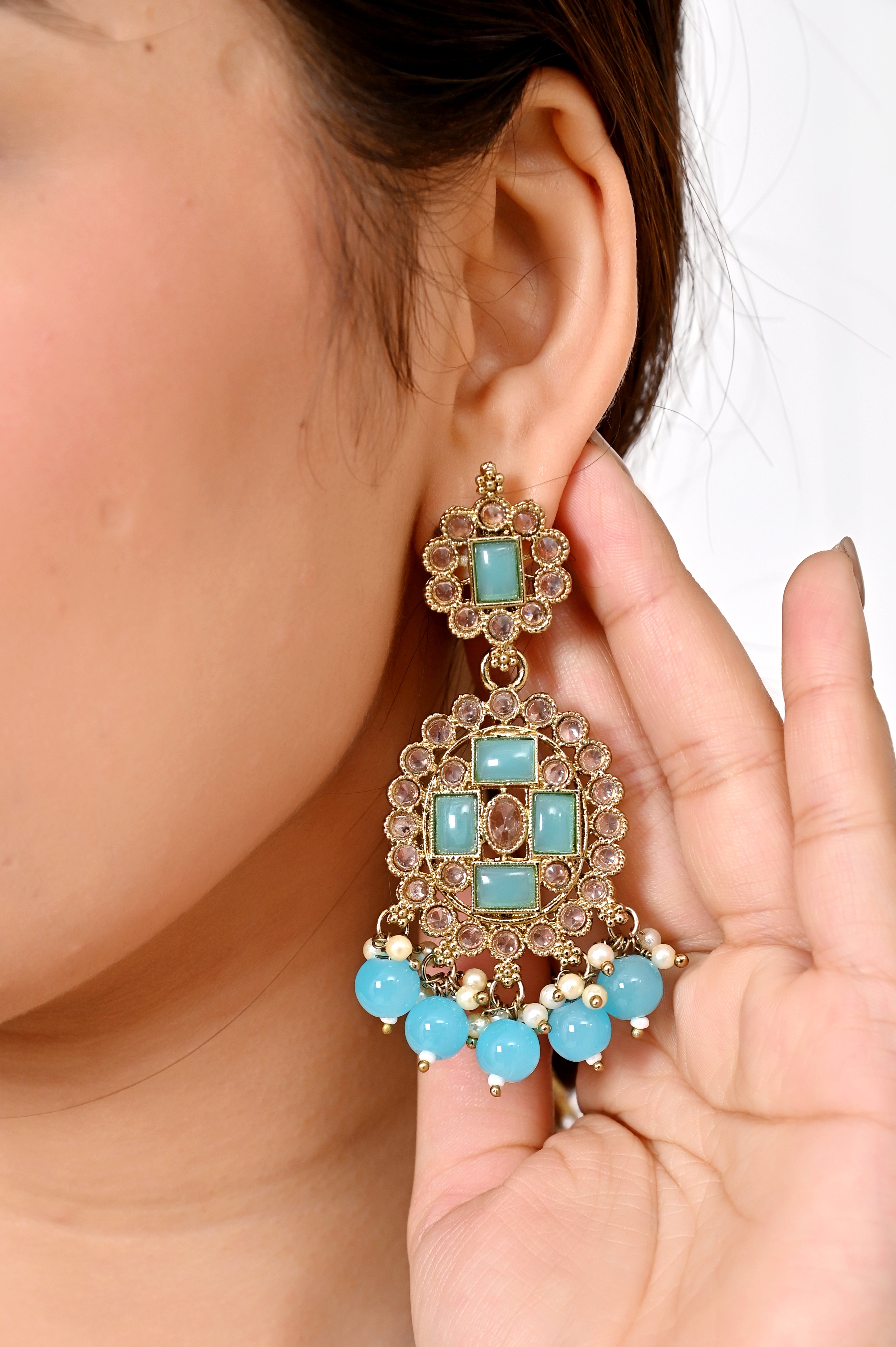 Turquoise Sky Blue Kundan Necklace Set with Chandelier Earrings and Maang Tikka Jewellery GetGlit