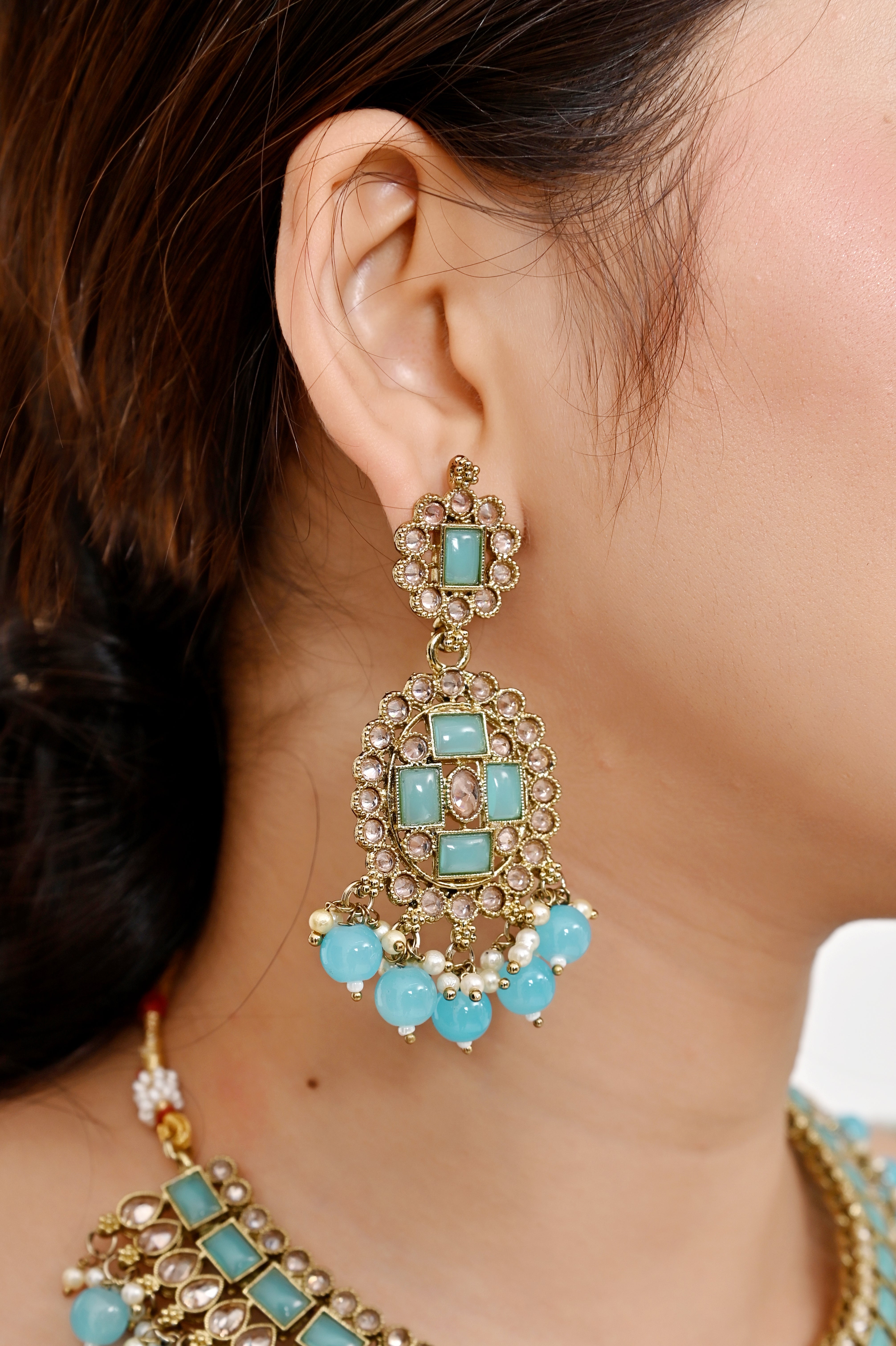 Turquoise Sky Blue Kundan Necklace Set with Chandelier Earrings and Maang Tikka Jewellery GetGlit