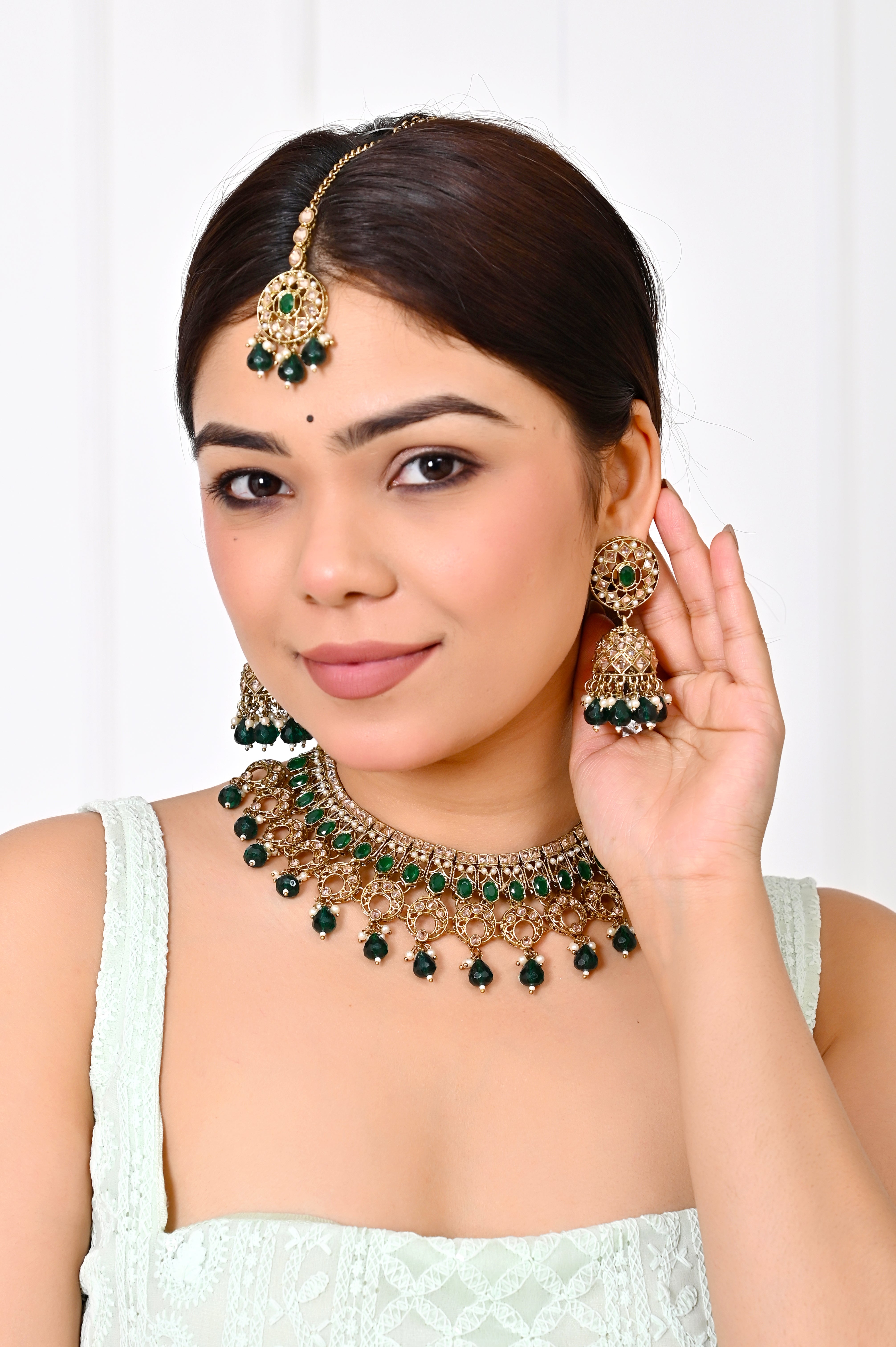 Emerald Green Polki Kundan Necklace Set with Jhumka Earrings and Maang Tikka Jewellery GetGlit